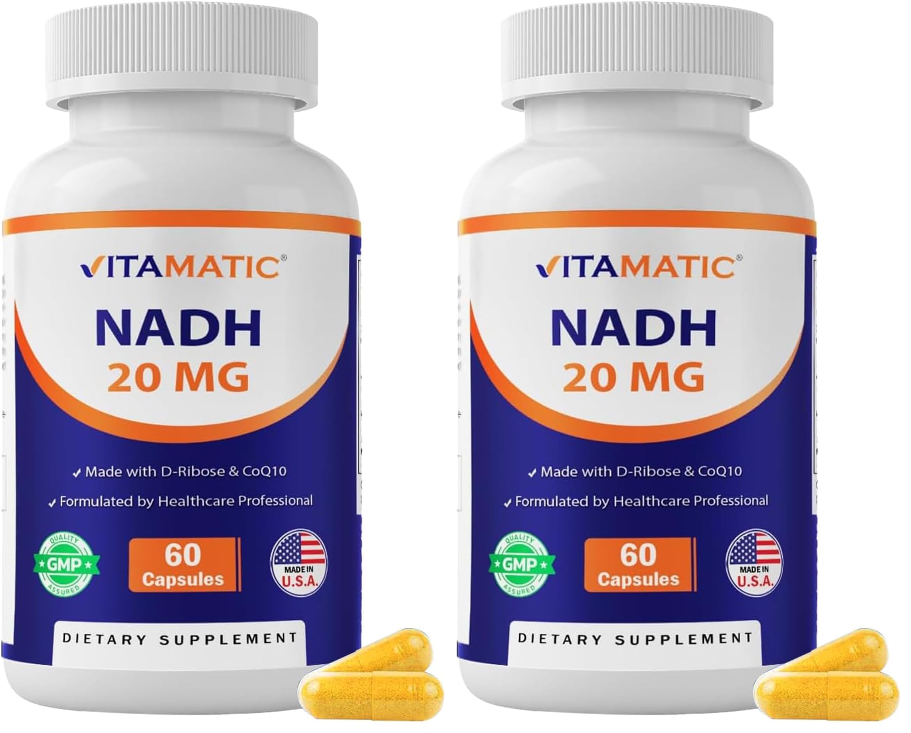 Vitamatic NADH 20mg with D-Ribose & CoQ10 – 60 Capsules, B-Nicotinamide Adenine Dinucleotide, Non-GMO, Gluten Free (Pack of 2) 60 Count (Pack of 2)