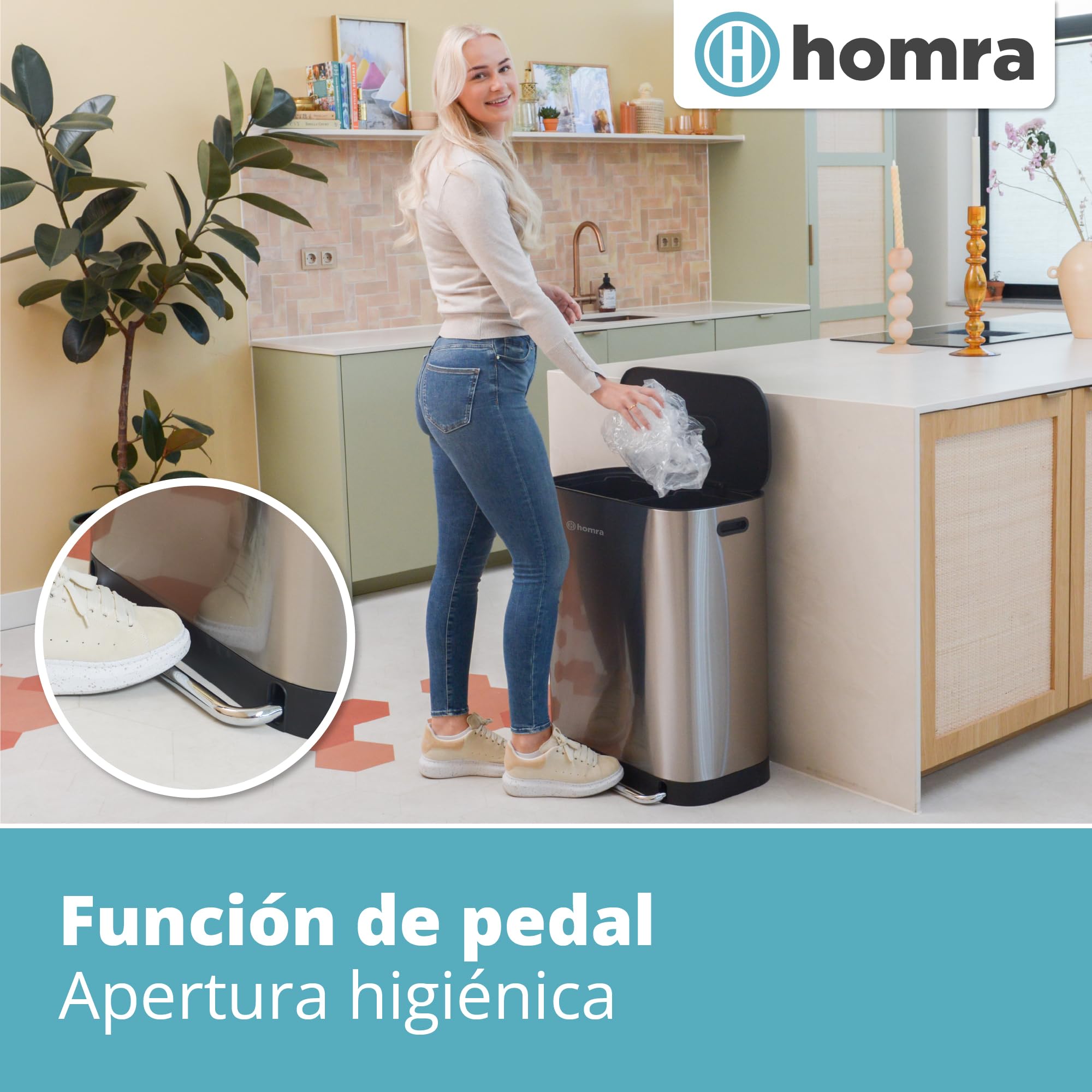 Homra Cubo Basura 60l Rockx | Cubo de Basura de Reciclaje 2x30l | Papelera Cocina | Cubo basura Pedal | Filtro Antiolores | Sistema de separación de residuos con 2 compartimentos | Acero inoxidable