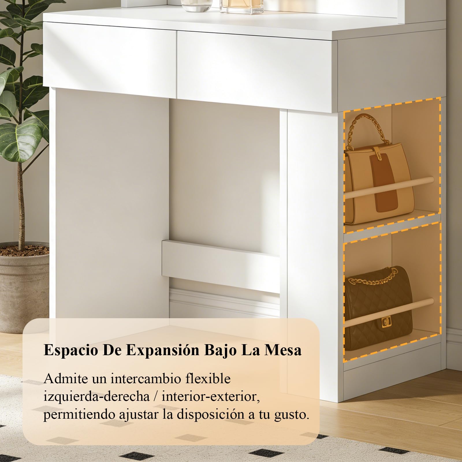 Devoko Tocador de Maquillaje con Luces LED,Brillo Ajustable,Tocador con Espejo,2 Cajones, Enchufe Eléctrico y Almacenamiento Lateral Abierto para Muebles de Dormitorio (Blanco)