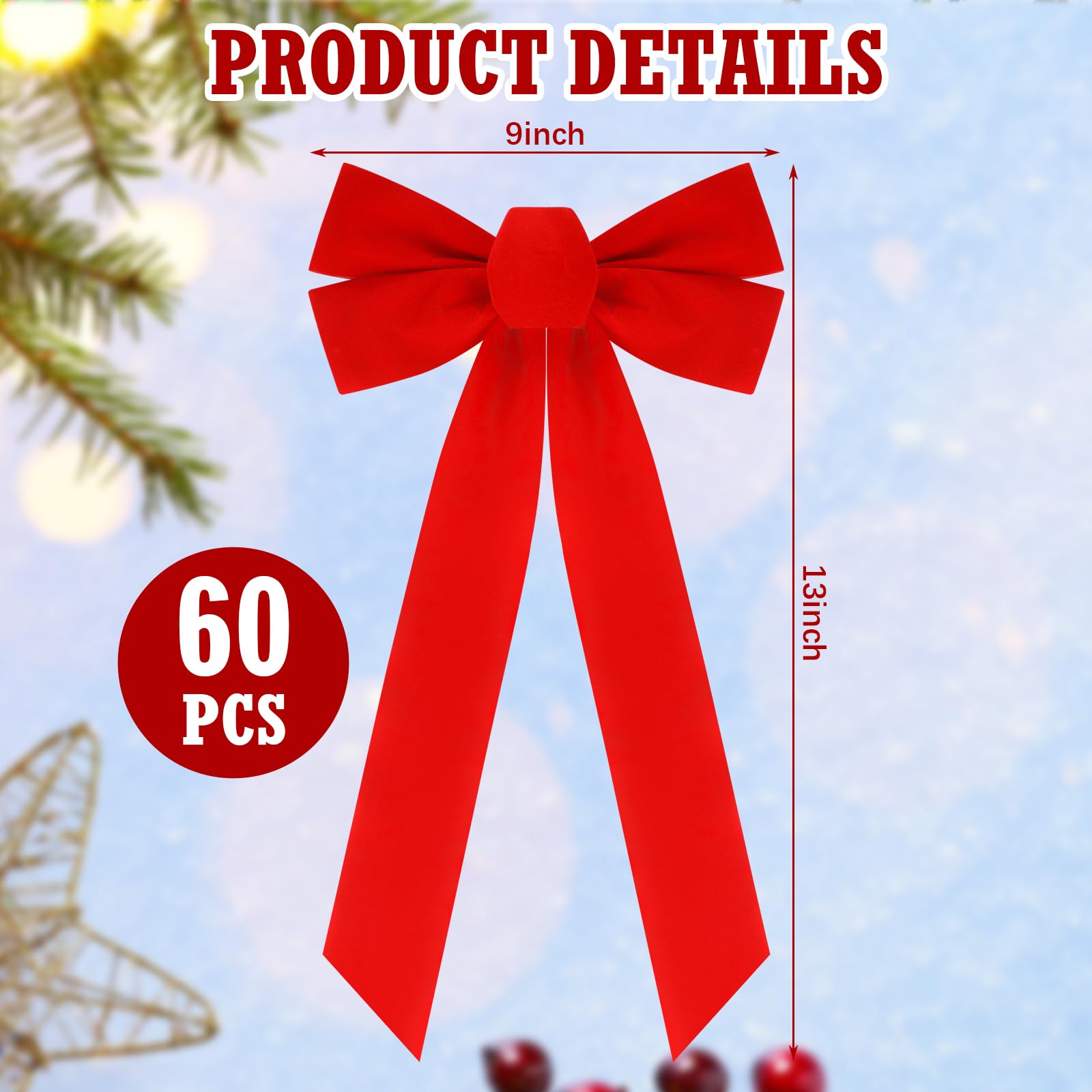Karenhi 60 lazos rojos grandes de terciopelo de Navidad, lazo rojo extra grande para árbol de Navidad, guirnalda de árbol de Navidad, decoración del hogar, al aire libre e interior (9 x 16 pulgadas)