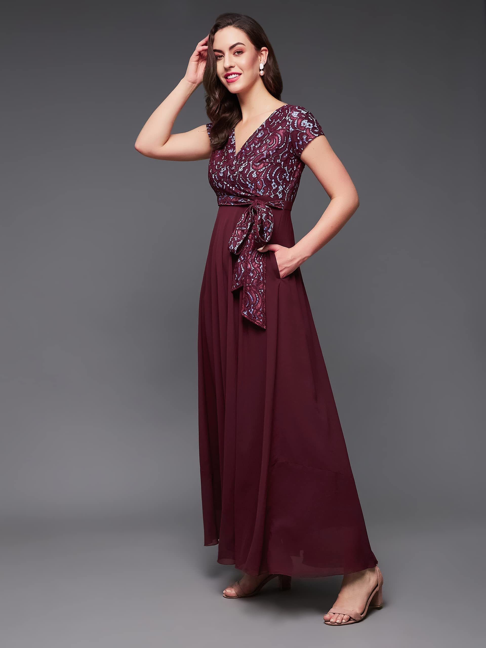 Miss Chase Women's V-Neck Short Sleeve Self Designed Lace Overlaid Maxi Georgette Dress (Mcaw22D06-52-184-07, Wine, Xxl)