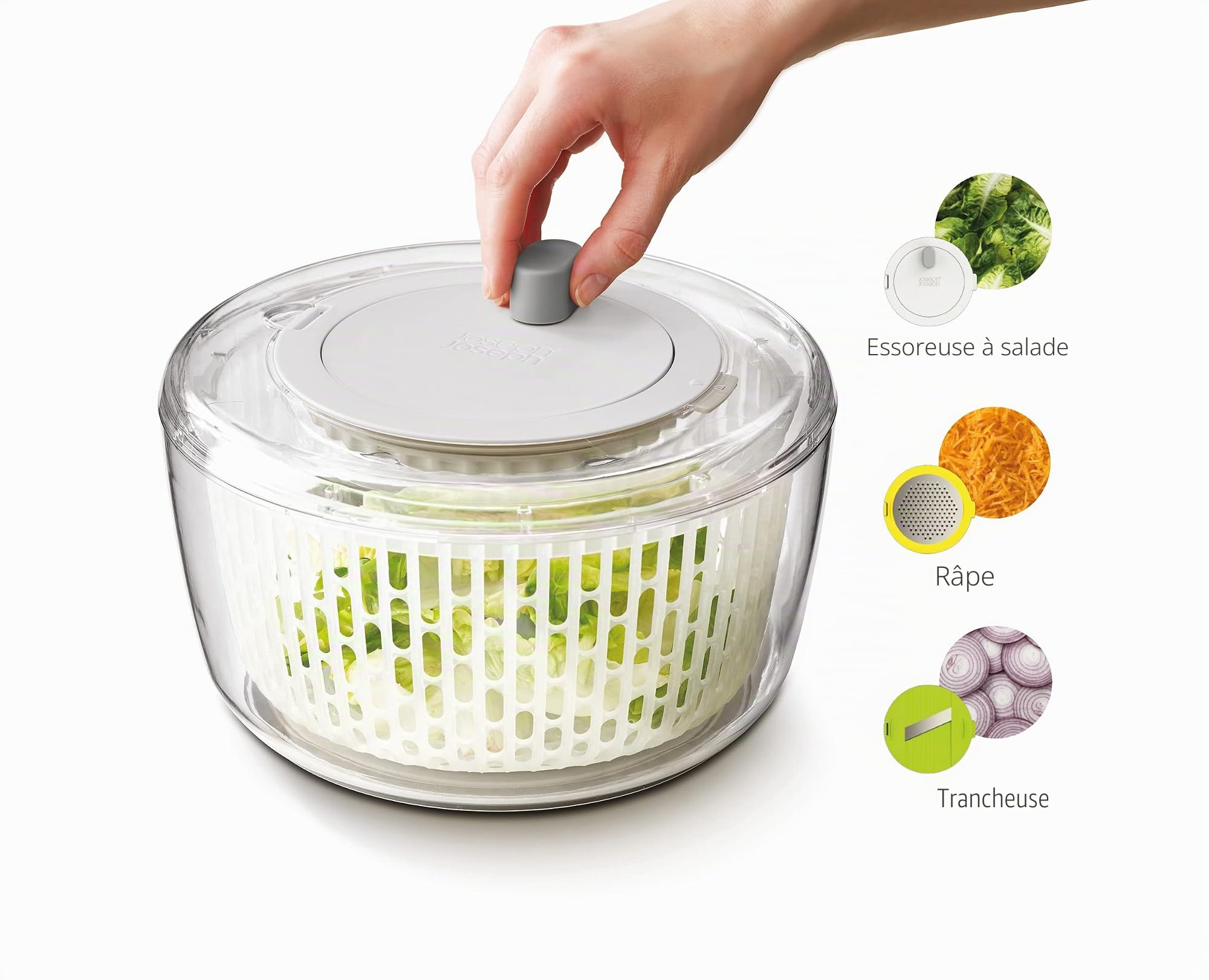 Joseph Joseph Duo Set de préparation de salade multi-usages 3 pièces, essoreuse à salade, râpe et éminceur, Multicolore