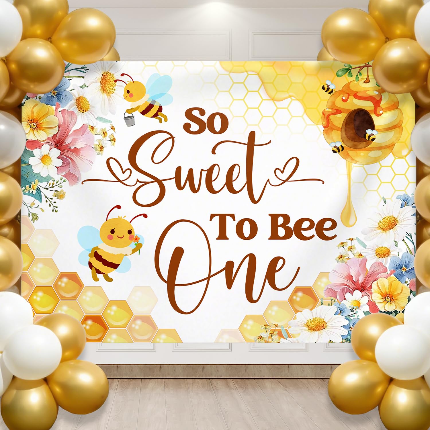 So Sweet to Bee One Background Bee 1st Birthday Banner Backdrop Bee Baby Shower Decorations Brown Gold 7×5ft