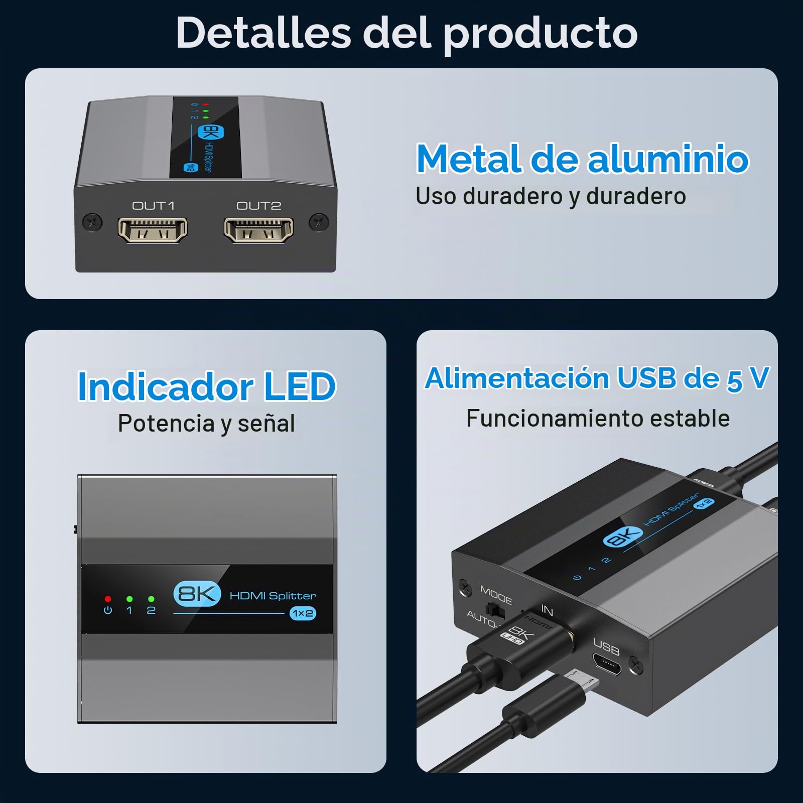 VEDINDUST HDMI 2.1 Splitter1 Entrada 2 Salidas 4K120Hz 8K60Hz Divisor HDMI Soporta EDID HDCP2.3 HDR10 8K UHD para PC TV Xbox DVD PS5 PS4 etc