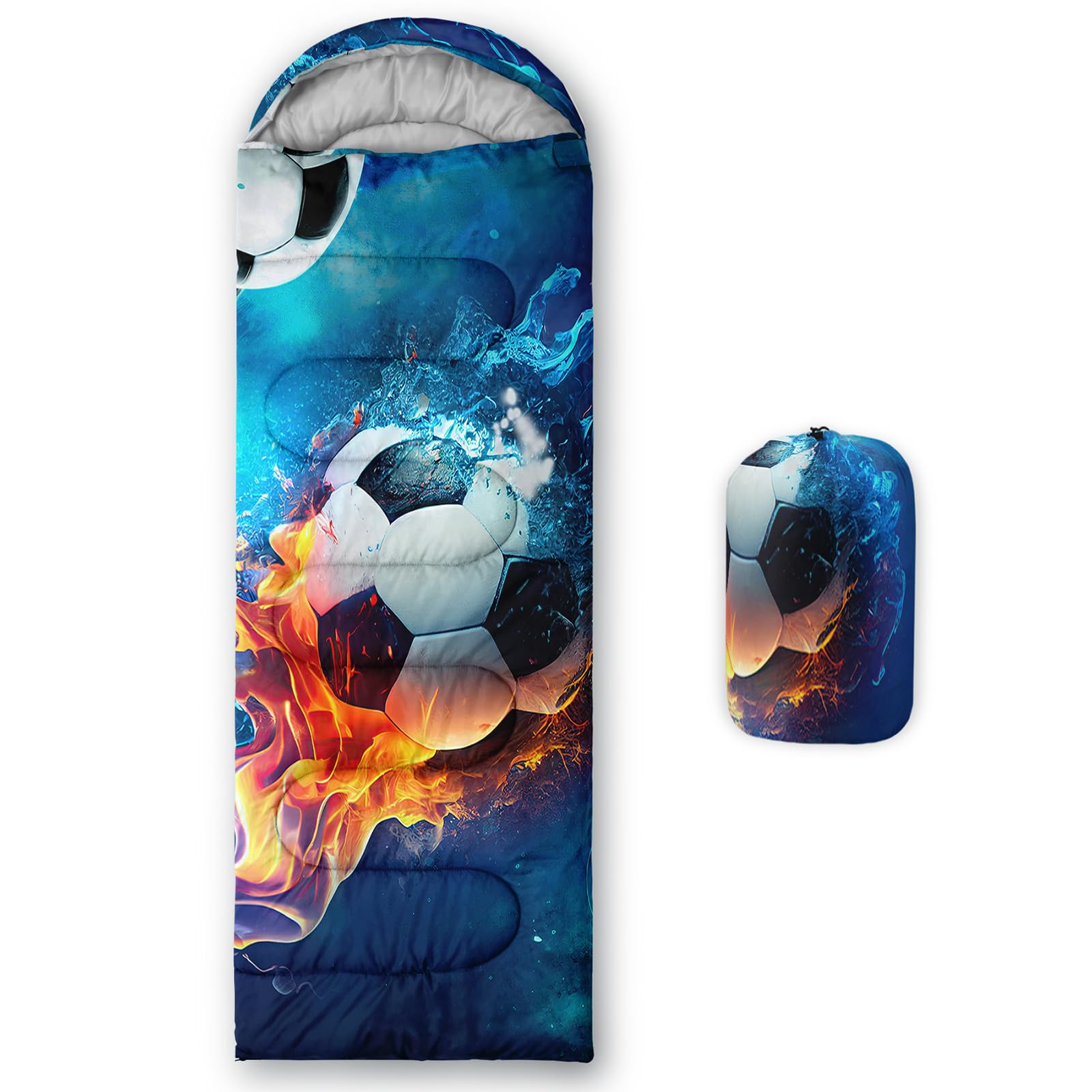 QOOMO Ice Fire Football Sports Printed Camping Sleeping Bags,3 Season Warm & Cool Weather,Lightweight,Waterproof Sleeping Bags for Adults & Kids,Traveling,and Outdoors,Camping Gear Equipment,31x90inch