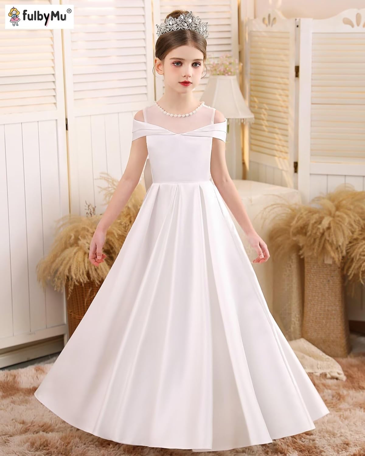 Satin Flower Girl Dresses for Wedding Beaded Solid Pageant Dress for Girls Long Ball Gown Dress with Bow White 10 - Image 4