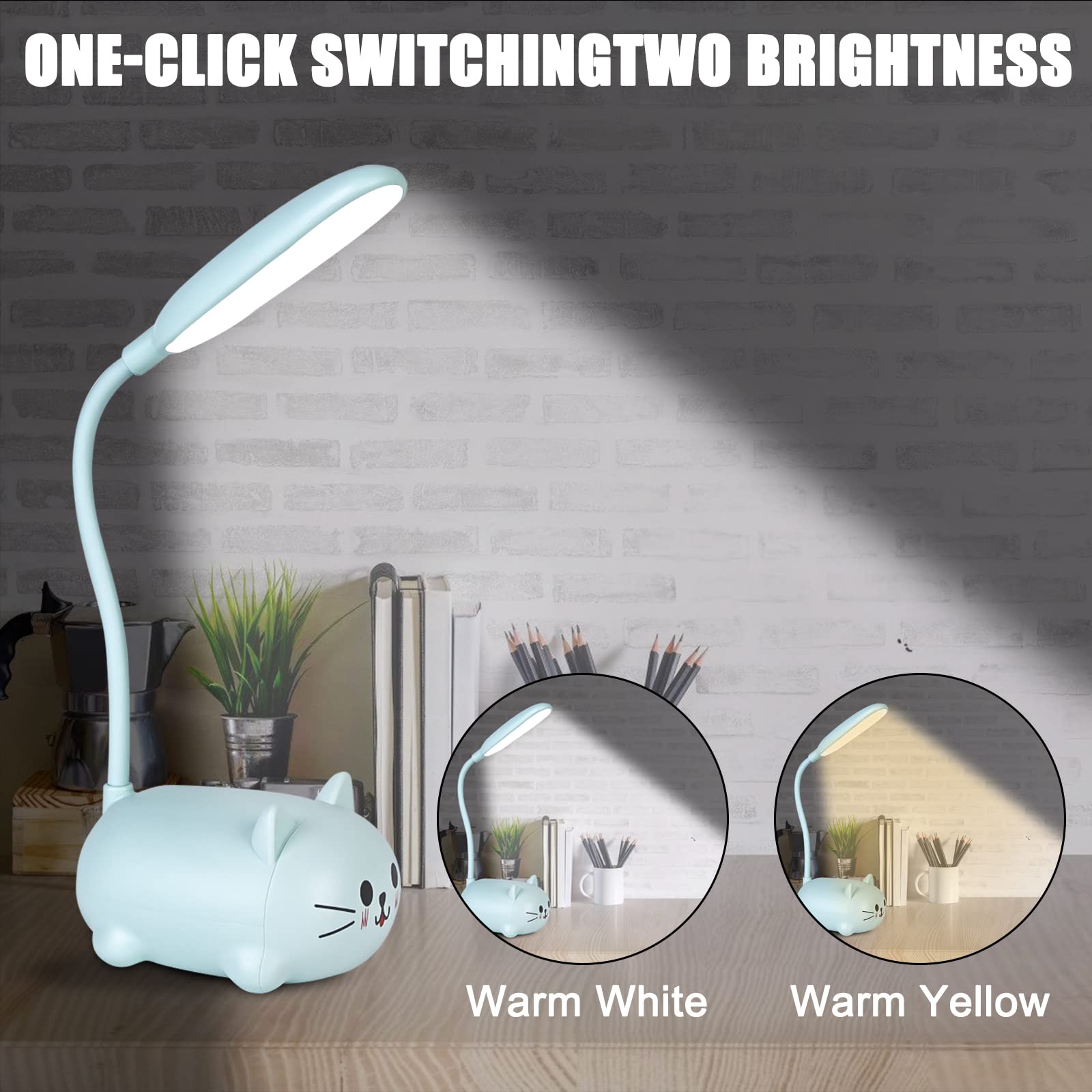 Molbory Lámpara de Escritorio para Niños, Lámpara de Lectura con Protección para los Ojos Recargable por USB, Lámpara de Mesa LED para Gatos con Soporte para Teléfono Móvil, Regalo para Niños
