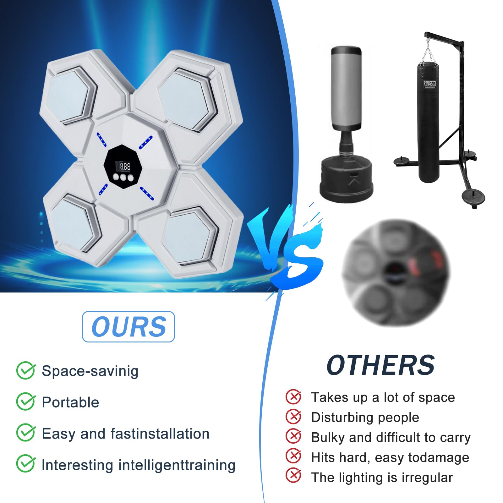 Machine De Boxe Musicale LED – Bluetooth, écran De Comptage – Murale, Portable – Pour Coordination Et Défoulement – Adultes/enfants