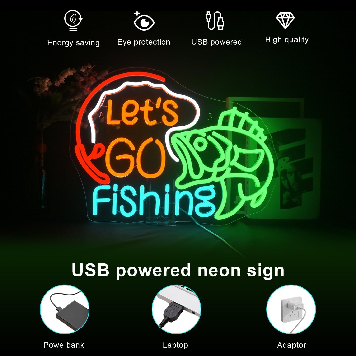 Lucunstar Let's Go Fishing Neon Sign Dimmable Fish Neon Light for Wall Decor LED USB Powered Fishing Hook Lights for Bedroom Living Room Man Cave Yacht Decor Men Gifts - Image 4