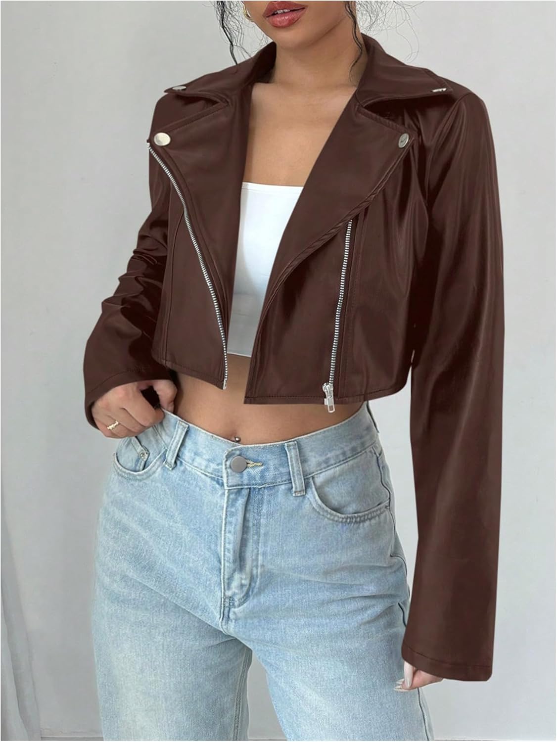 OYOANGLE Women's PU Leather Cropped Jacket Zip Up Motorcycle Jackets Coat - Image 4