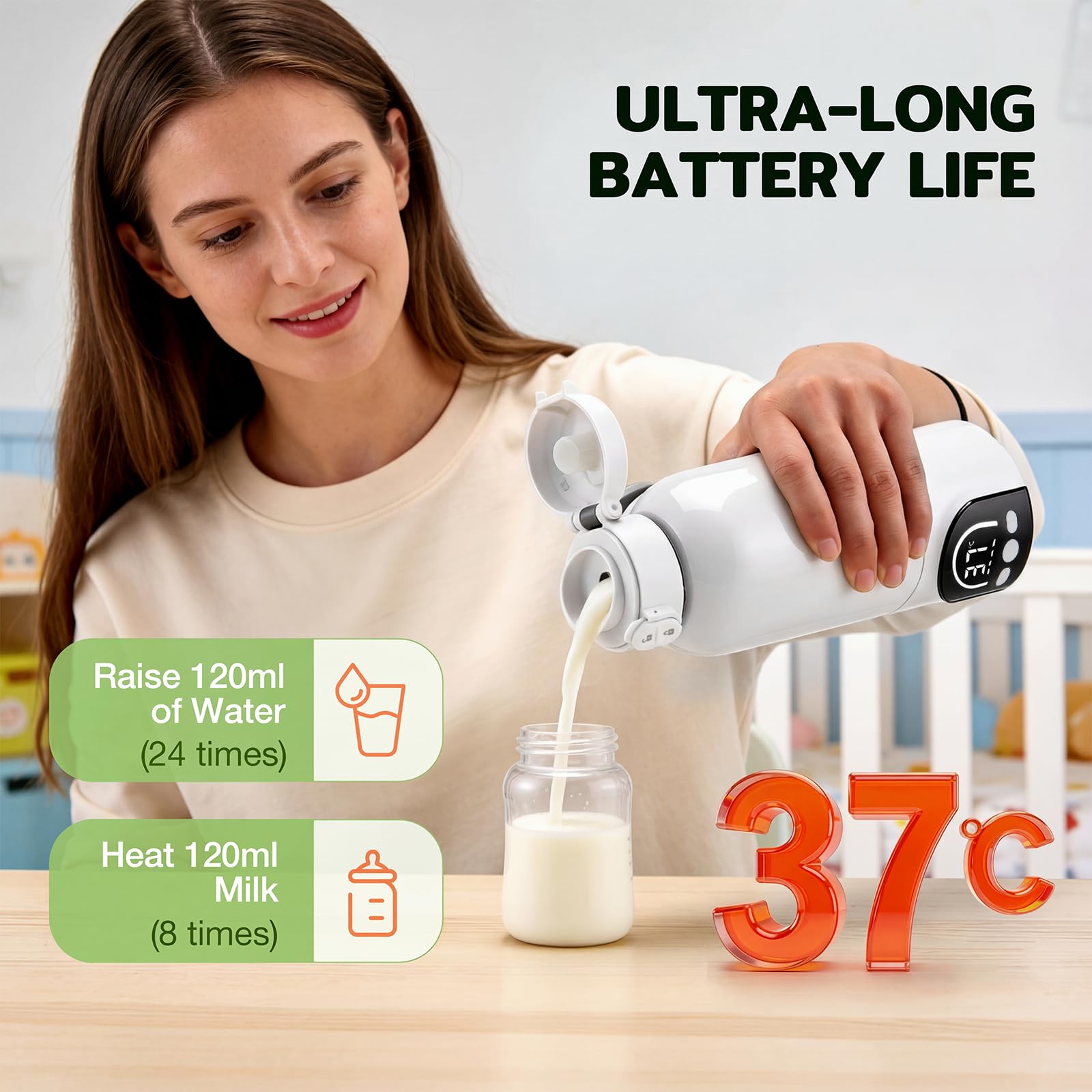 Calentador portátil inalámbrico para biberón portátil de 500 ml para leche materna y agua, 140 W y temperatura ajustable 35 ℃-70 ℃, carga USB calentador de agua para viajes (blanco) - 3