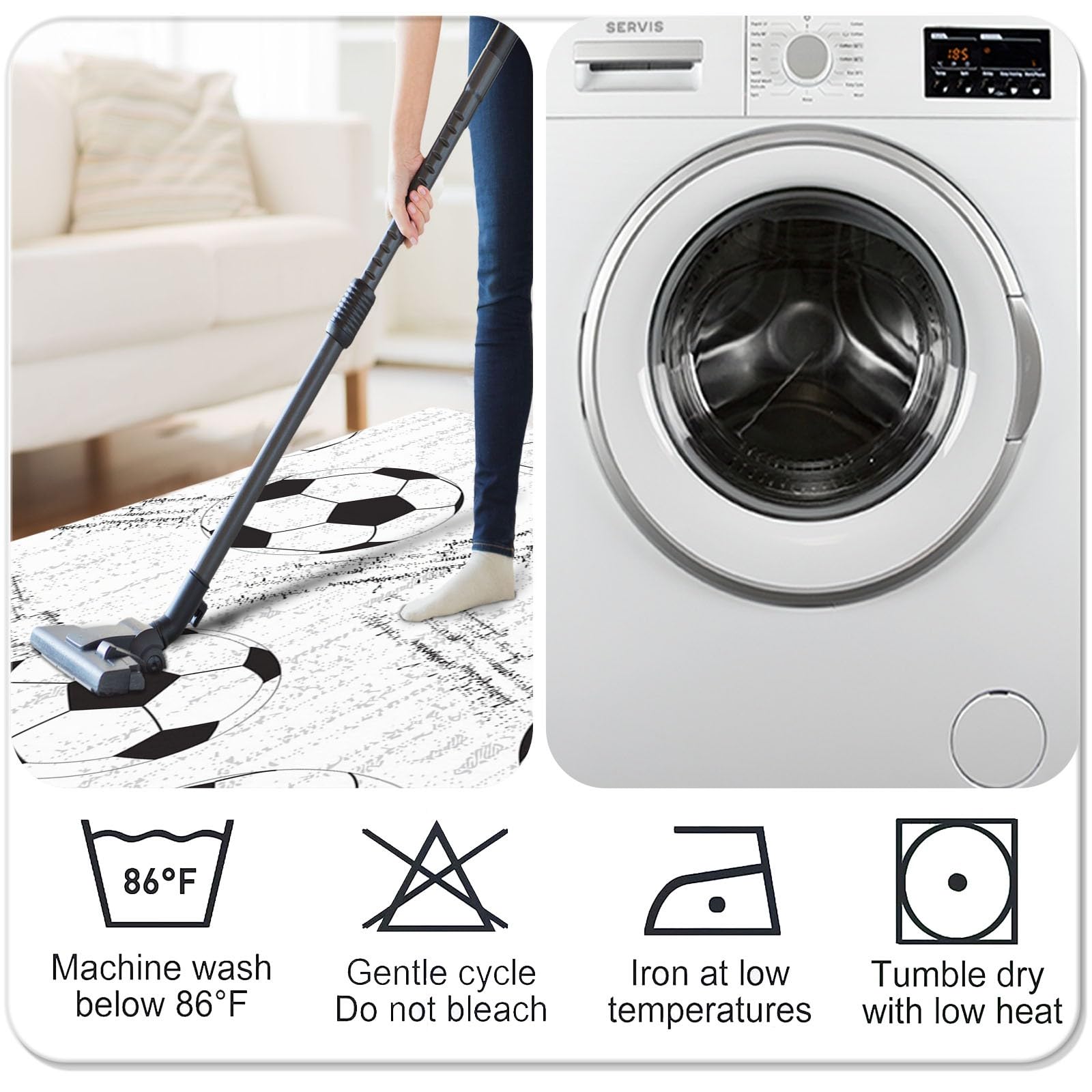 Luxus Soft Flauschiger Area Teppich 80cm x 150cm Indoor Shaggy rutschfeste Teppiche Schwarz-Weiß-Fußball Design Wohnkultur für Wohnzimmer Schlafzimmer Kinderzimmer Wohnzimmer