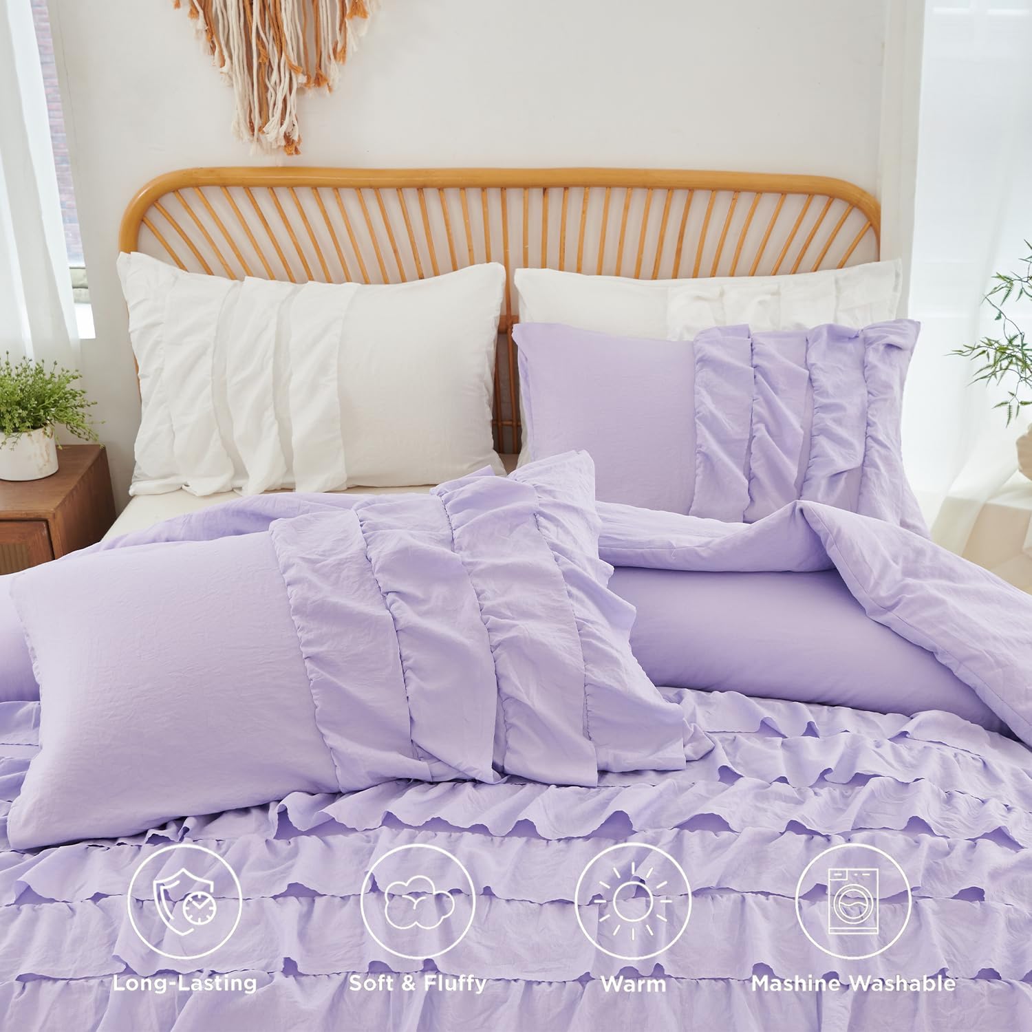 PERFEMET Lavender Ruffle Comforter Set Full Size Bedding Sets for Girls Multi Layers Ruffled Boho Bed Sets Washed Microfiber Farmhouse Princess Bedding for Kids Teens(Purple,Full) - Image 5