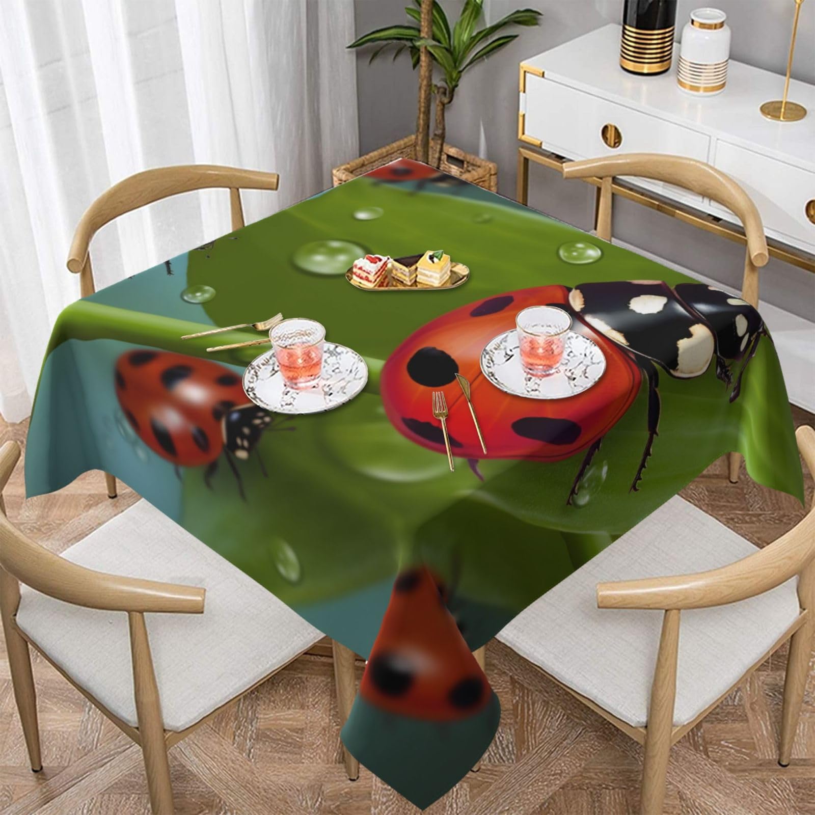 WPKJU Ladybug Printed Square Tablecloth 60x60 inch Water Resistant Table Cover Washable Rectangle Table Cloth for Dining Tables