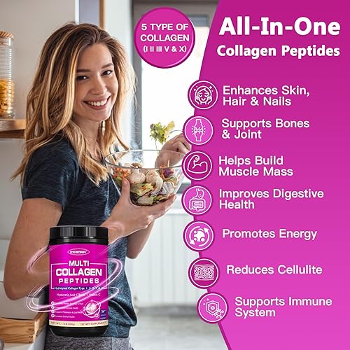 Miniatura 5 de ZEBORA Polvo de péptidos de colágeno 50 porciones, multicolágeno hidrolizado tipo I, II, III, V, X con ácido hialurónico, biotina, vitamina C, ayuda