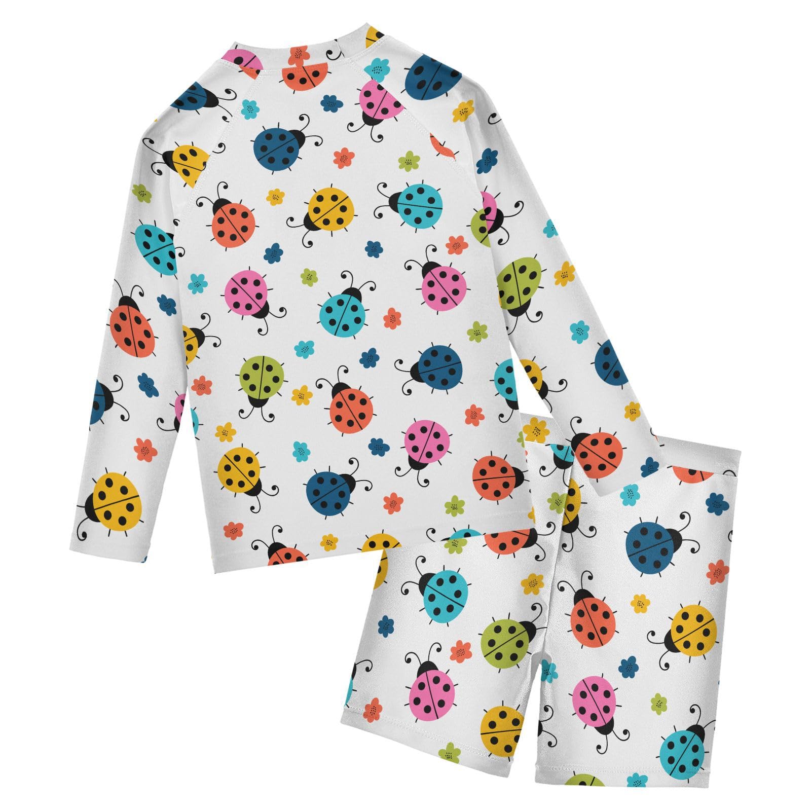 Aflyko Kids' Bathing Suit Set Rainbow Spring Ladybug Flower Long Sleeve Swim Tops with Shorts Summer Vacation Pool Party Rashguard Fun Cute Toddler Infant Beachwear, 4T