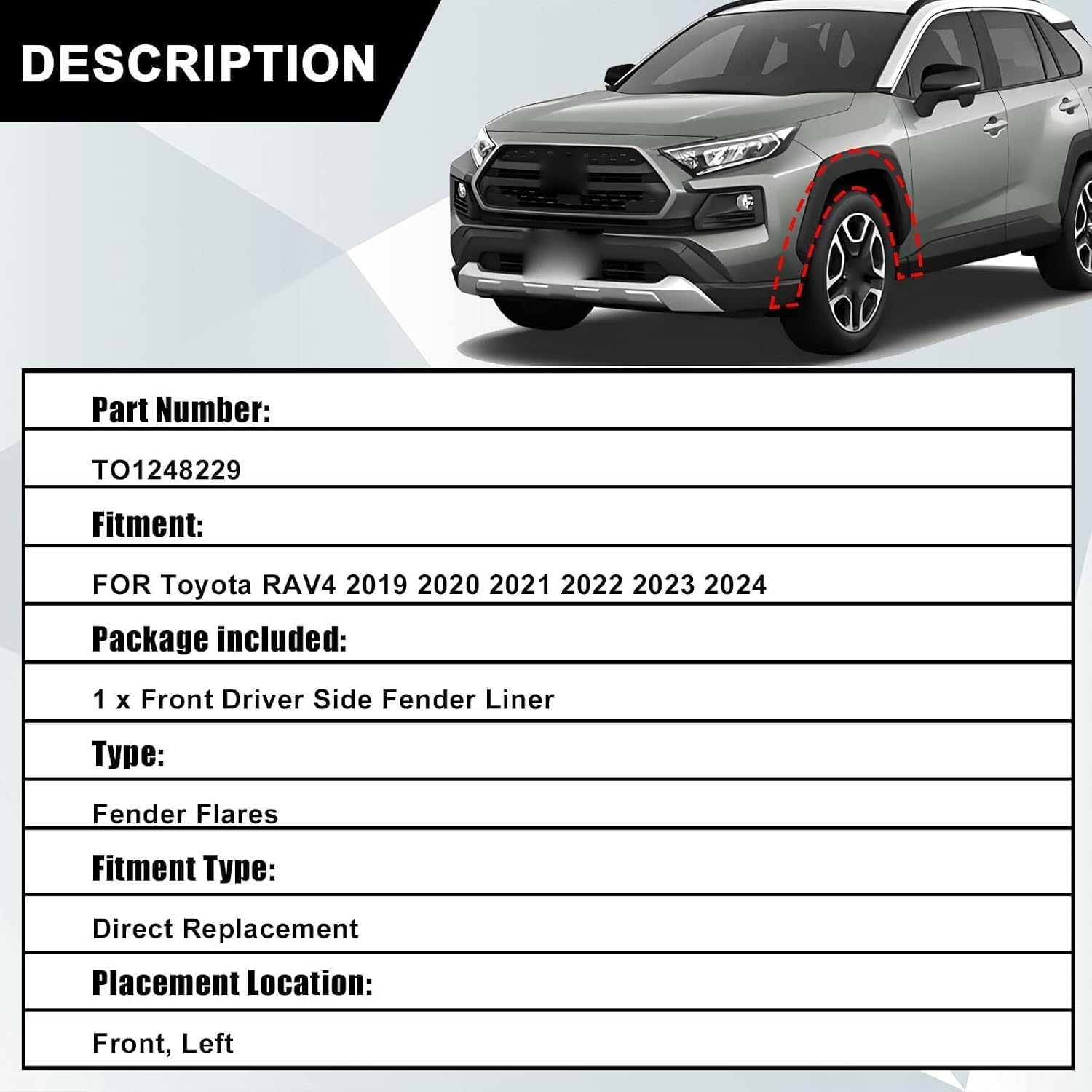 SecosAutoparts Fender Liners Front Inner Left Side Compatible with Toyota RAV4 2019 2020 2021 2022 2023 2024 Replace# 538760R080 53876-0R080
