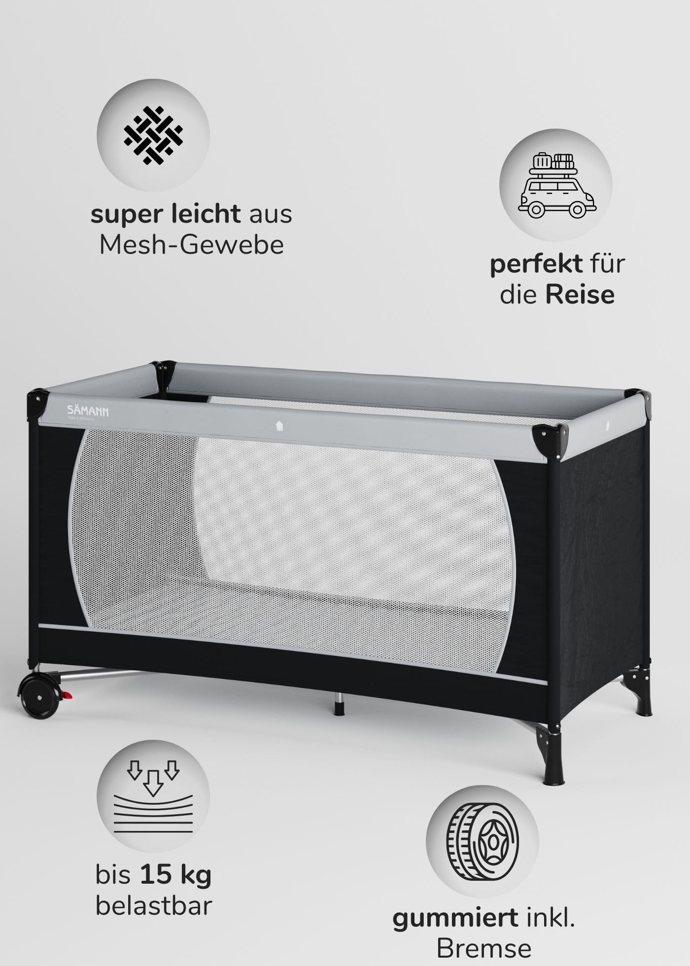 Reisebett 60x120 cm - fold & go - faltbares Babybett mit feststellbaren Rollen & Matratze Cloud Air | ab Geburt bis 15 kg | zusammenklappbar inkl. Tragetasche | leicht und kompakt | schwarz/grau