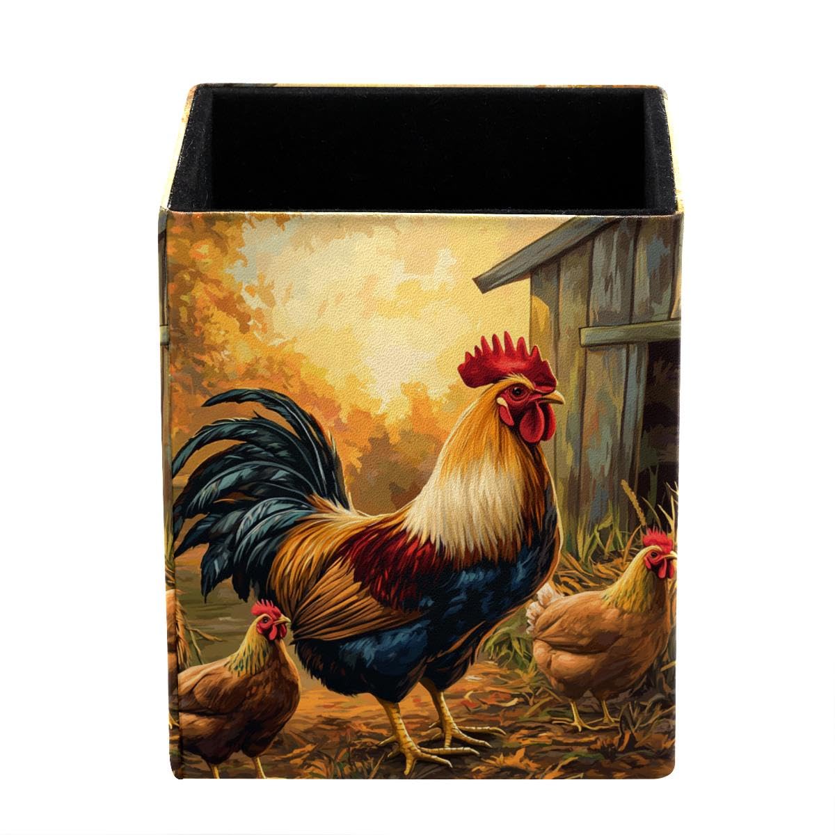 HEOEH Farm Rooster Pen Holder Pen Pot, Square Pencil Cup for Desk