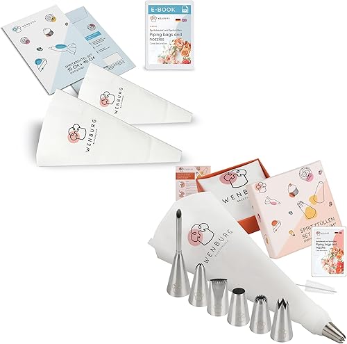 Wenburg Juego de 7 bolsas y puntas reutilizables grandes para glaseado, bolsa de glaseado de algodón, acoplador + 14 pulgadas (mediana) y 16