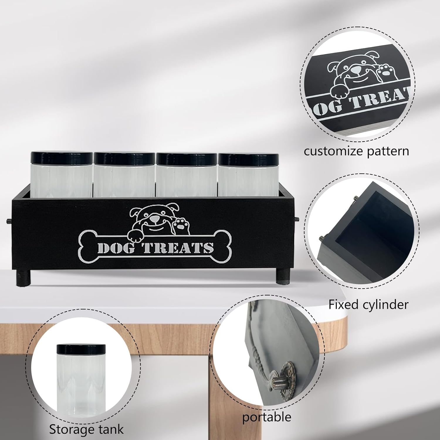 Large Dog Treats Container, Dog Cookie Jar for Dogs Cat Treats Container, Farmhouse Wood Pet Treats Storage Organizer for Dog Food Storage Container with 4 Jars, Cat Dog Treat Organizer