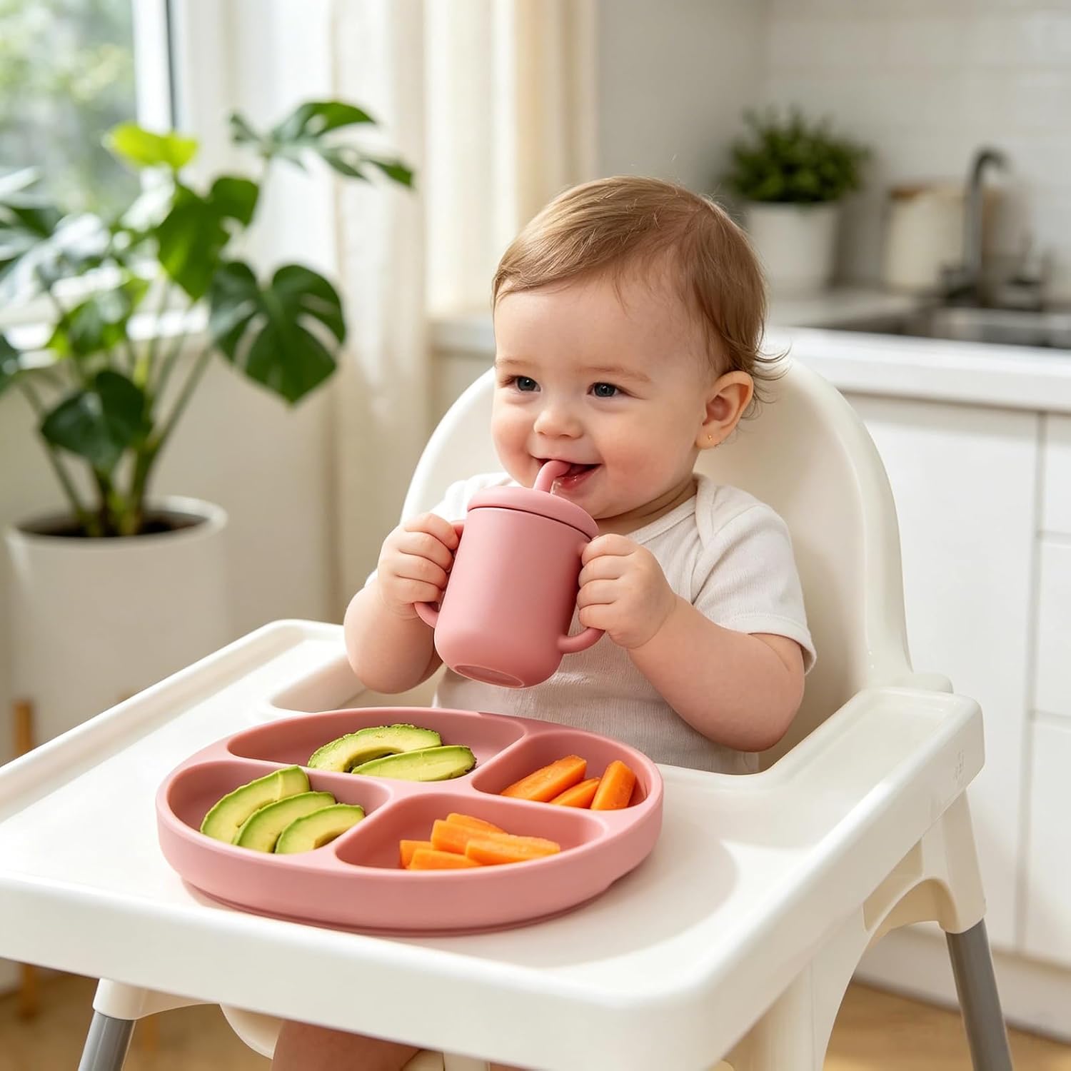 Silicone Training Cups - Drinking Training Straw Cup & Open Weaning Cup for Babies 6-12+ Months, Food-Grade BPA-Free Baby Led Weaning Drinking Set(Rose) (Rose)