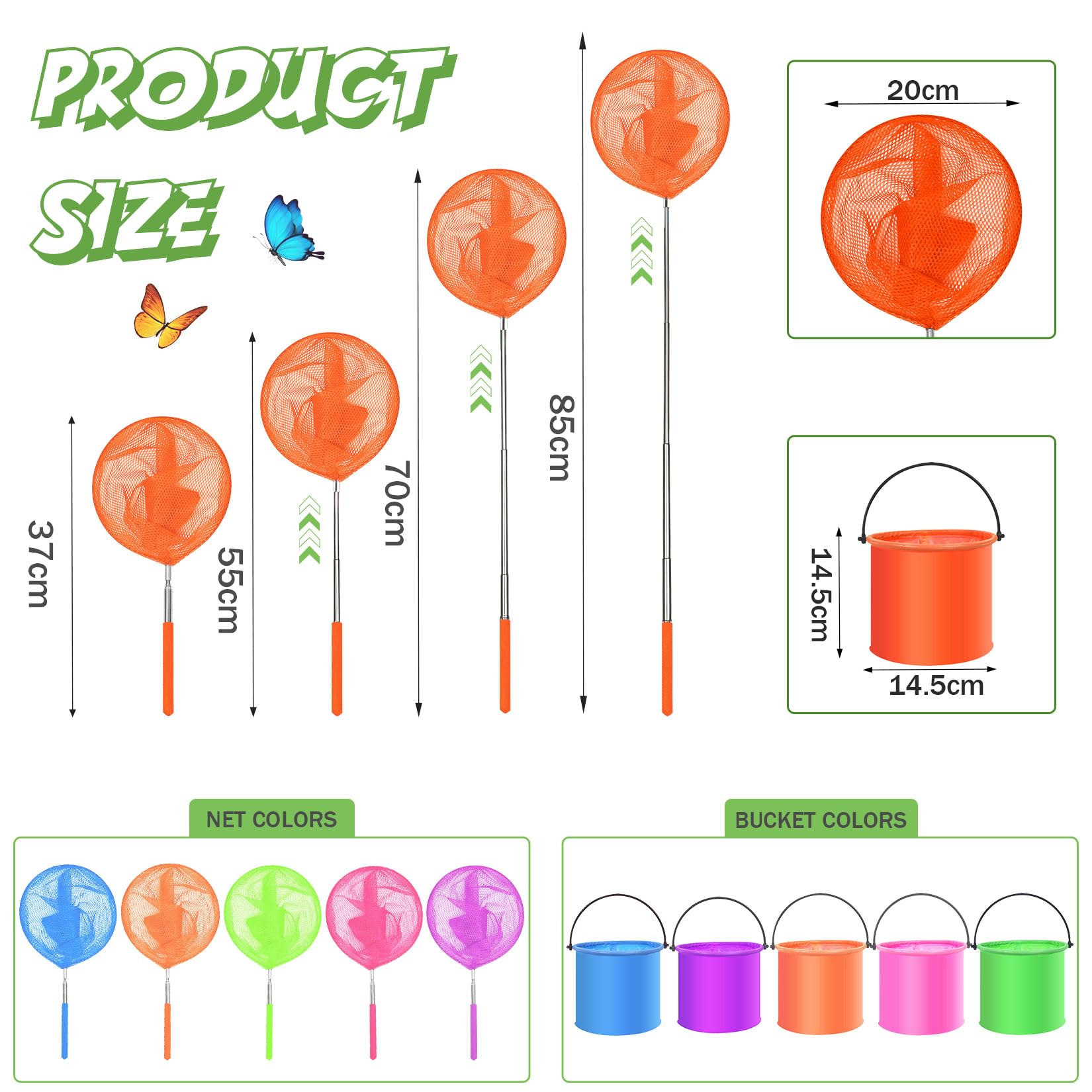 Herbst 10er XXL Kinder Kescher Set, 5 Stück Teleskop Kescher Kinder (37-85cm) mit 5 Faltbarer Eimer Robustes Fischernetz Kinder & Schmetterlingsnetz Kinder für Strand, Teich & Garten – Bunt
