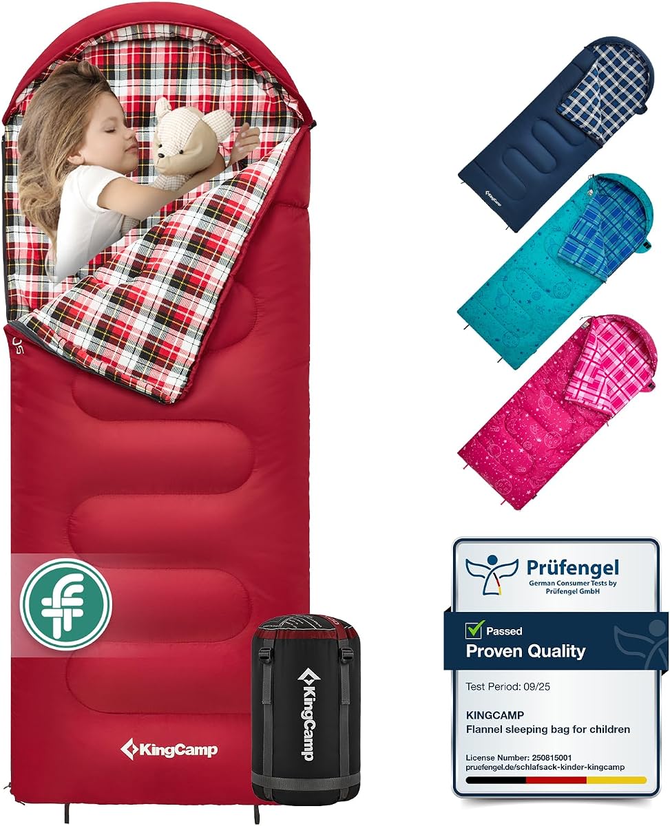 KingCamp Kids Sleeping Bag Children 3-4 Season Winter Flannel Liner Cotton Warm Lightweight Single for Camping Hiking Backpacking Outdoor with Compression Sack for Girls Boys 170x70cm