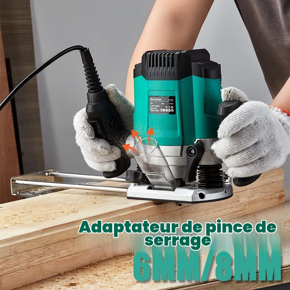 Défonceuse Verticale Electrique 1200 W 16000-30000 RPM STANEW, Profession Fresatrice Verticale avec Set de 12 fraises,6 Vitesses, Réglage de la Profondeur de Fraisage.
