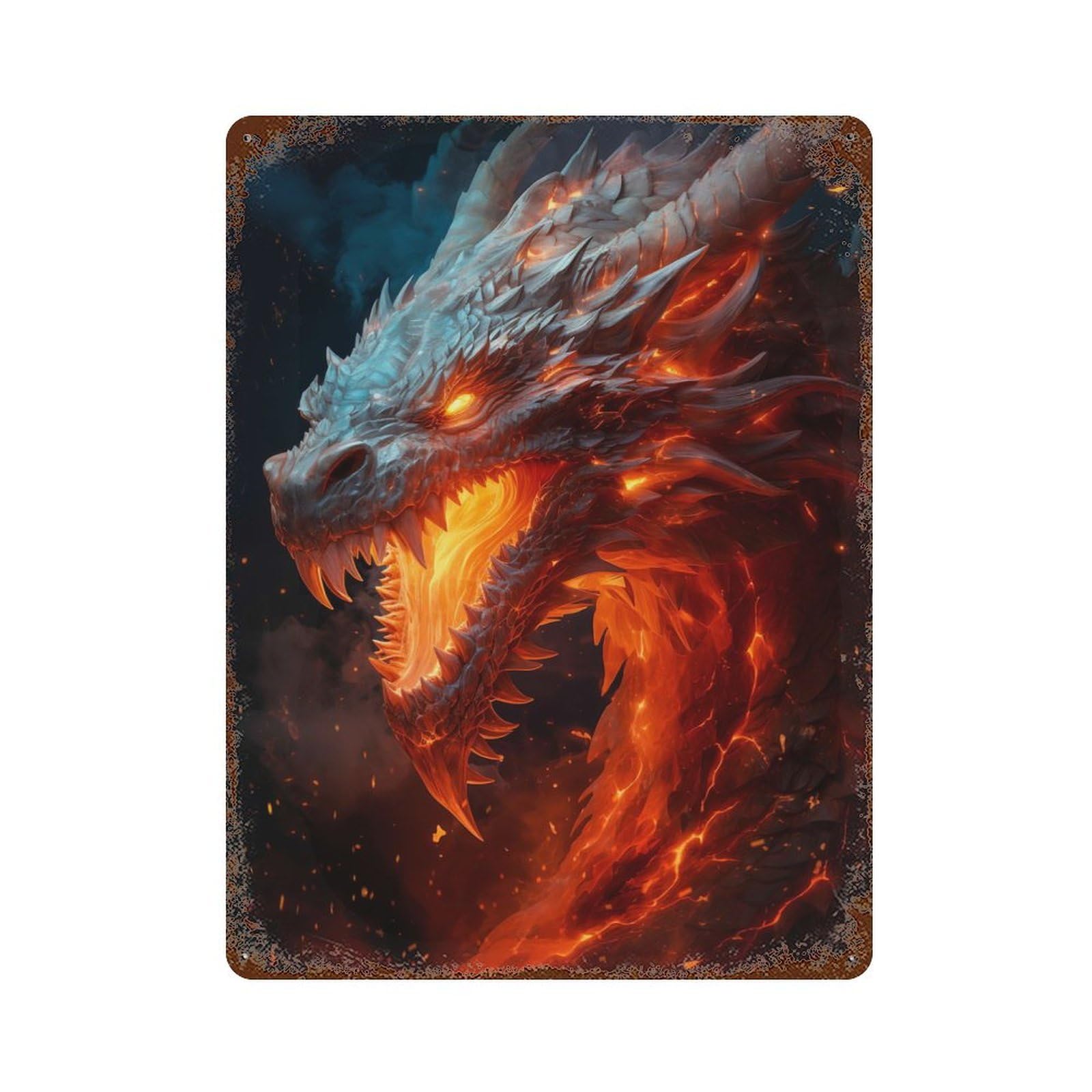 Glowing Fire Dragon Vintage Rust Metal Sign 15.7"x11.8", Farmhouse Wall Decor for Garage, Pub Or Kitchen
