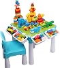 burgkidz Pink Kids 5-in-1 Flip Top Activity Table and Chair Set with Storage, 128 PCs Building Blocks, Dreamy Play Desk for Toddler Girls Ages 2-8, Gift for Birthday & Christmas