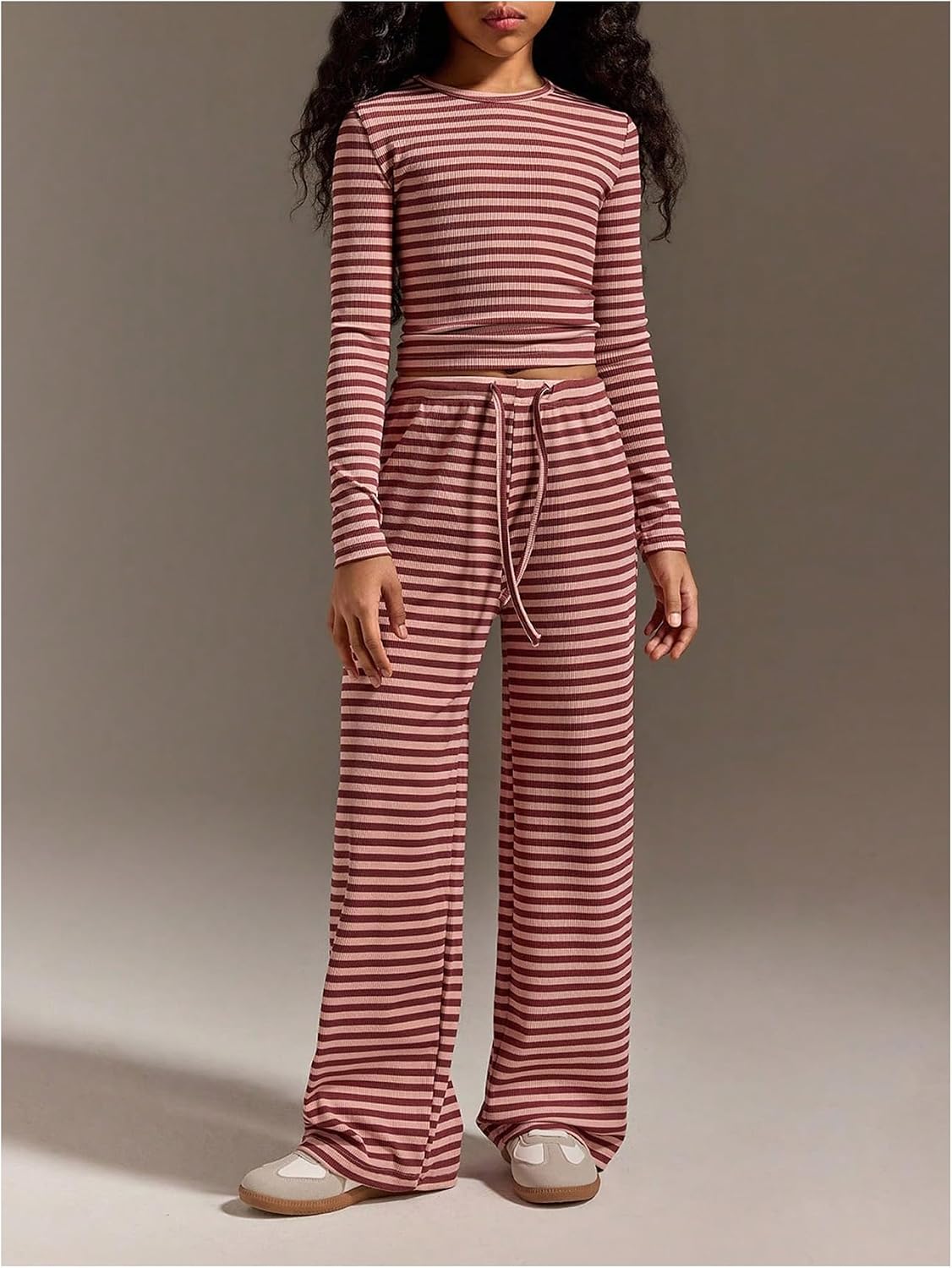 Floerns Girl's 2 Piece Summer Outfits Striped Long Sleeve T Shirts with Drawstring Pants Clothing Set