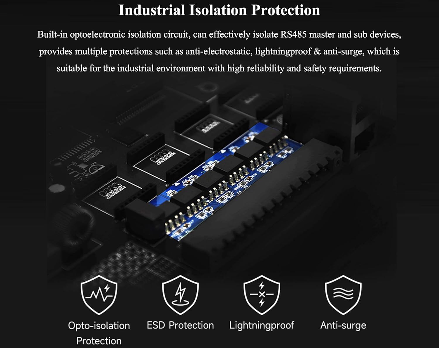 Industrial Isolated 4-CH RS485 Hub, Expands 4-CH RS485 Sub Ports Via 1-CH RS485 Master Port, with Isolation and Signal Relay, 300~460800bps Wide Baud Rate Range, Rail-Mount Support