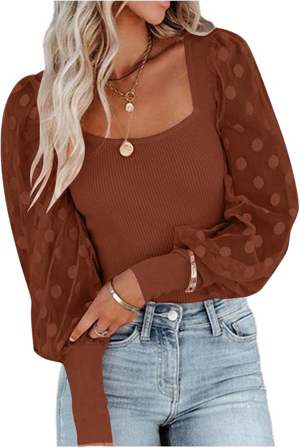 LYANER Women's Square Neck Blouse Sheer Mesh Lantern Sleeve Polka Dot Knit Business Casual Tops Shirts - Image 3