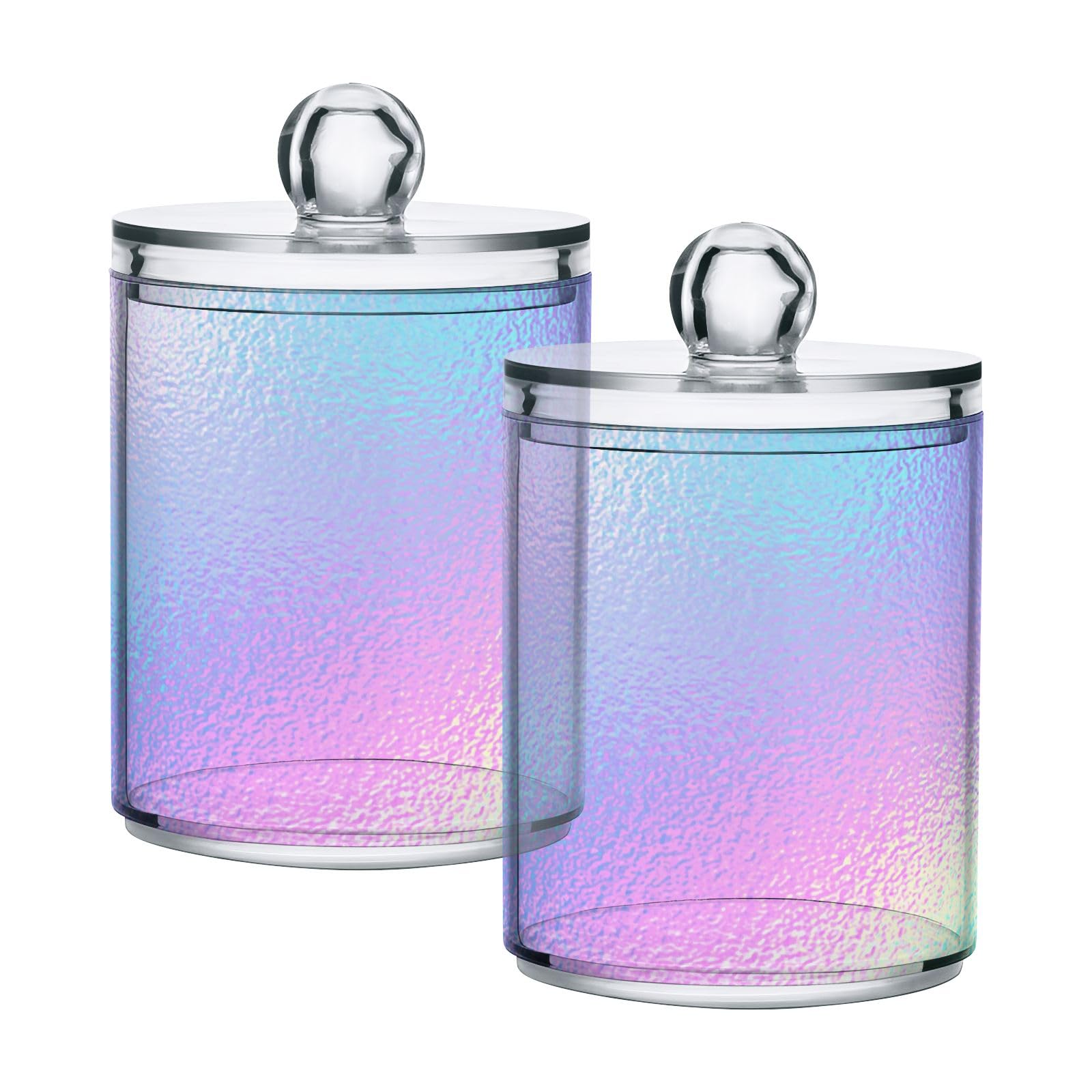 2 PACK Hologram Iridescent Foil Effect Qtip Holder Dispenser for Cotton Swab, Cotton Round Pads, Floss Picks - Plastic Apothecary Jar Set for Bathroom