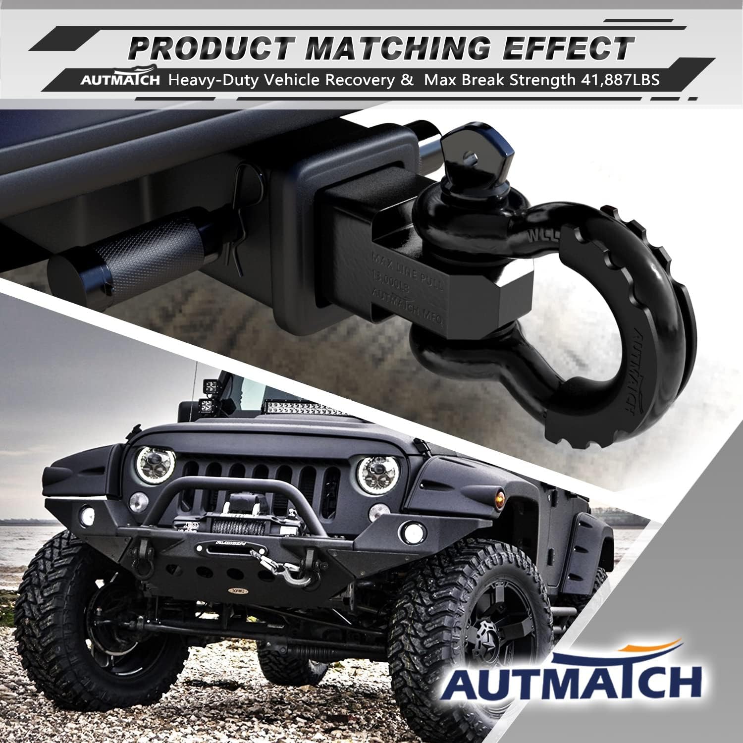 AUTMATCH 3/4" D Ring Shackle and Hitch Tightener Anti-Rattle Clamp with Rubber Isolator, Hitch Stabilizer for 1.25 and 2 inch Trailer Hitches Jeep Tow Strap Off Road Vehicle Recovery, Black
