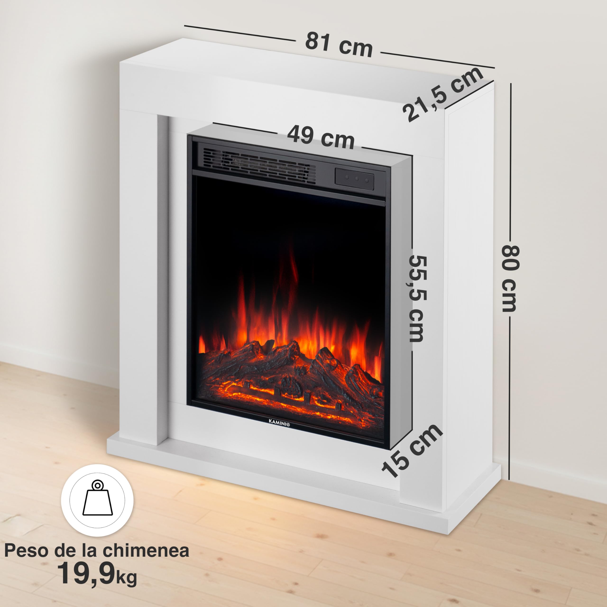 KAMINIO Chimenea eléctrica Matti - Chimenea eléctrica de pie con calefacción, Efecto de Llama 3D, Luz Ambiental LED, Control Remoto - 32 Pulgadas (Blanco)
