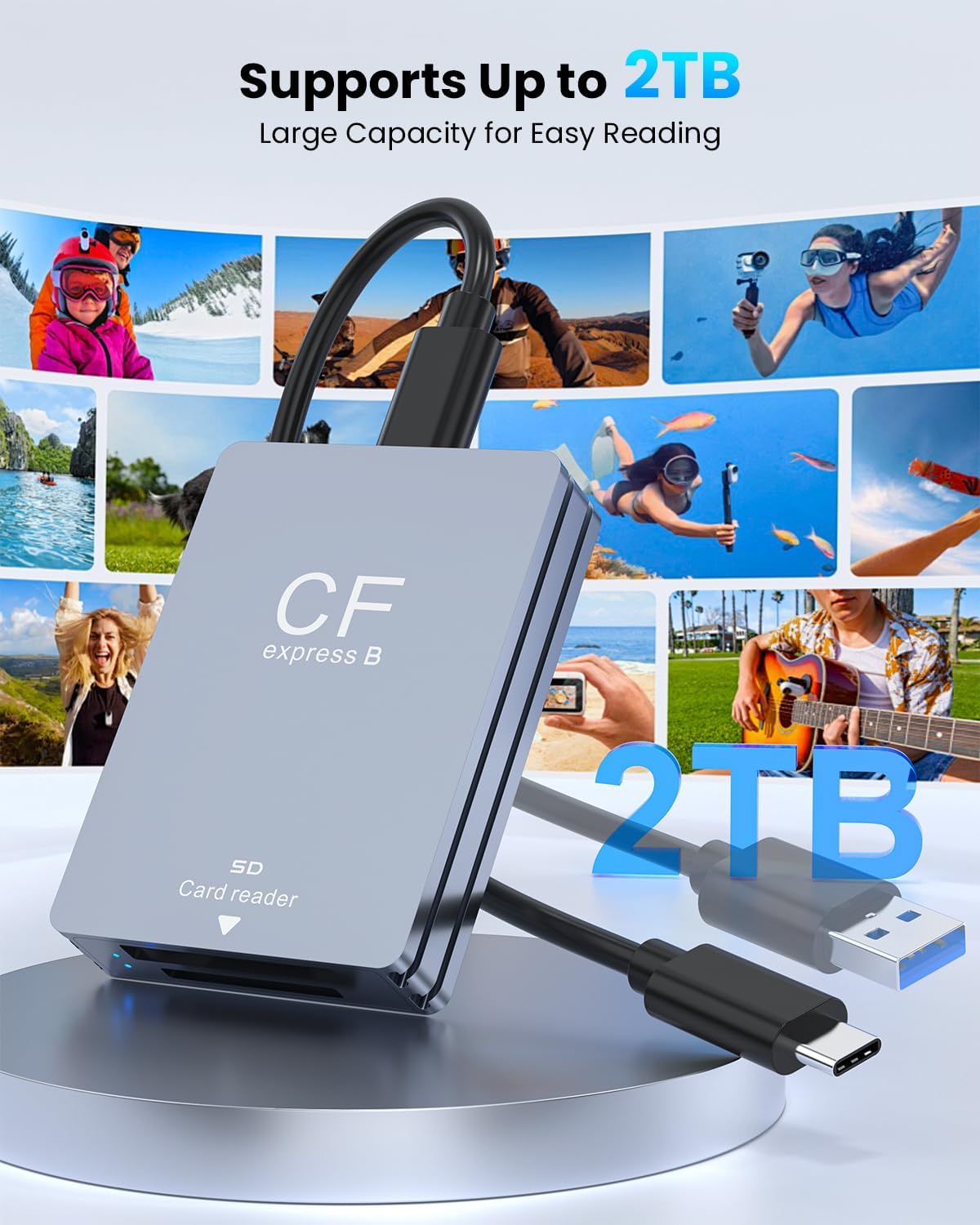 CFexpress Type B+SD Card Reader 2-in-1 USB-C&USB-A, 10Gbps USB 3.2 Gen2 [Aluminum Shell & Durable Cable] Type B CFexpress Adapter Memory Card Reader Compatible with Windows/Mac/Linux/Android, Grey