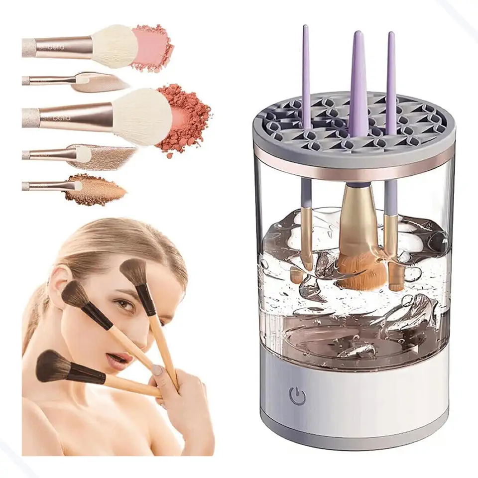 Maquina Limpador Limpeza De Pincéis De Maquiagem Prático, limpador de pincéis de maquiagem elétrico limpador de pincéis cosméticos automático com escova limpa tapete giratório limpador de pincéis de maquiagem (Branco / Transparente)