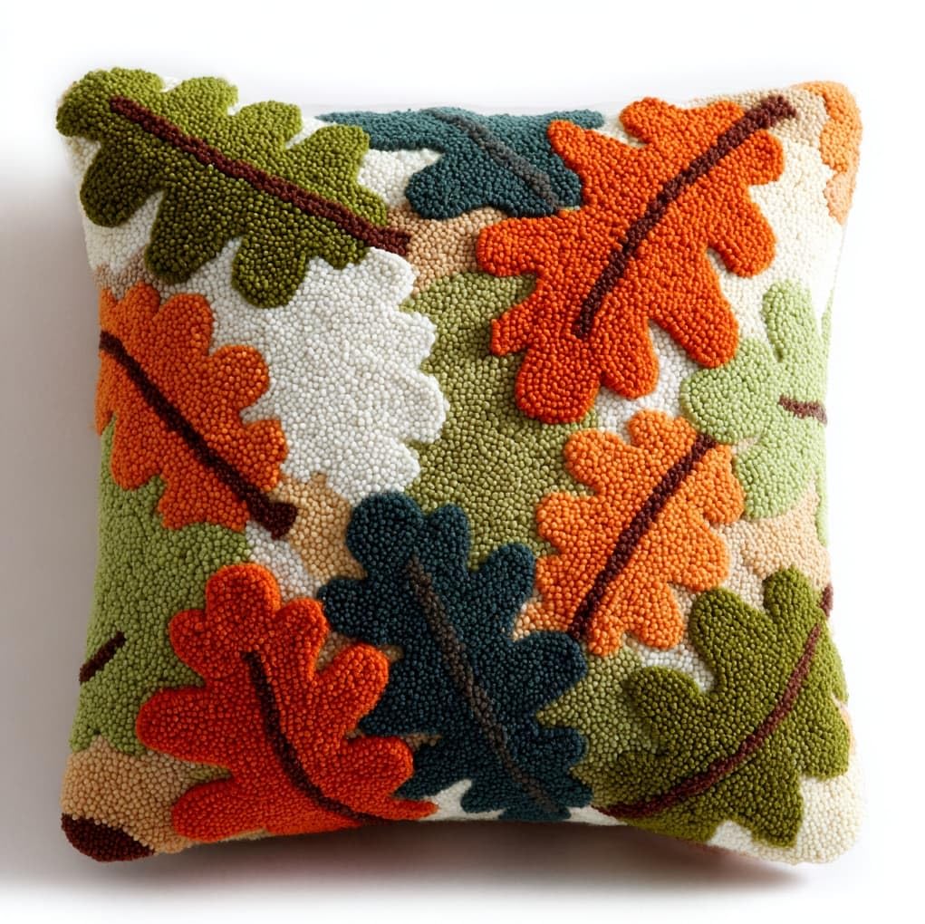WallustrioaW Latch Hook Kits Pillow for Adults,Oak Leaves,Latch Hook Kit Cushion,Embroidery DIY Needlework Pillow Cover,17x17in