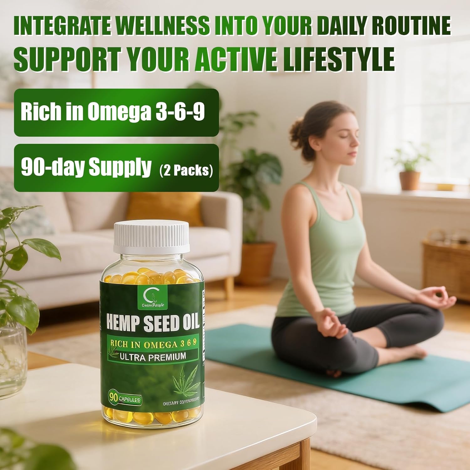 (2 Packs) Hemp Seed Oil Capsules with Flaxseed Oil - Rich in Omega 3 6 9 - Cold-Pressed Vegan Omega Supplement for Radiant Skin, Joint Comfort, Heart & Brain Health - Non-GMO, 180 Softgels