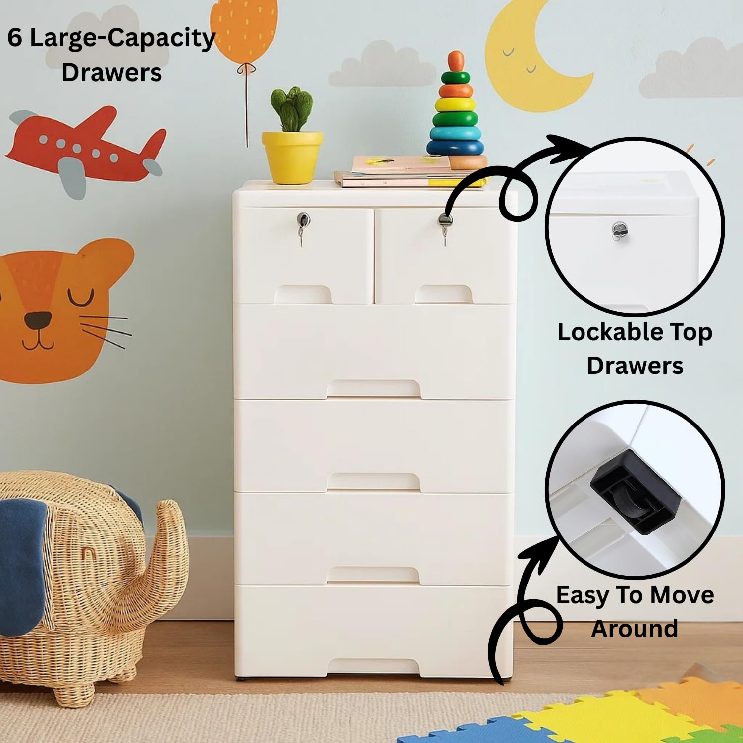 The Tickle Toe 6-Drawer Glossy Plastic Chest for Kids | White Storage Organizer with Locks | Portable Child-Safe Cabinet for Clothes & Toys | 44L x 28.5W x 82H cm | Made in India 1