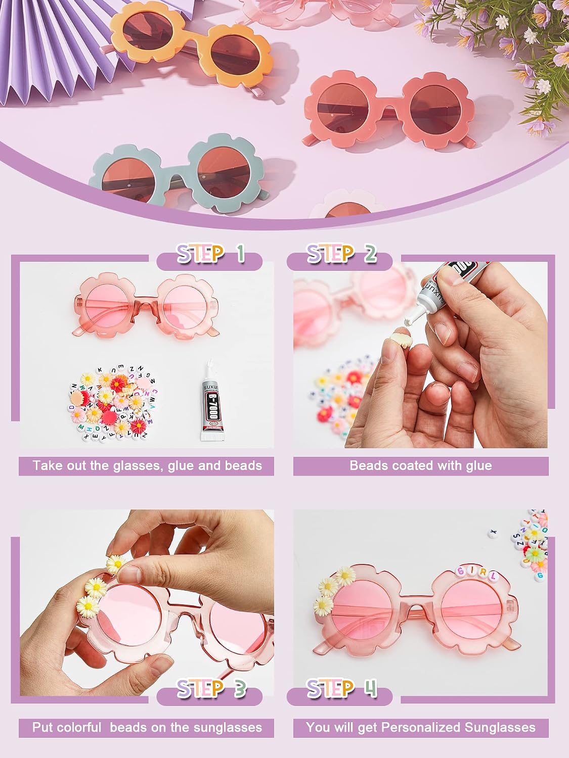 Dunzy 14 Pcs DIY Round Flower Sunglasses with 200 Random Letter Beads 50 Daisy Charms Glue for DIY Name, Mardi Gras Party