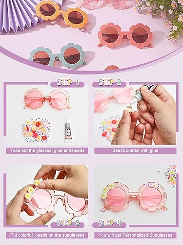 Miniatura 4 de Dunzy 14 lentes de sol redondos de flores con 200 cuentas de letras al azar, 50 dijes de margaritas con pegamento para nombre de bricolaje