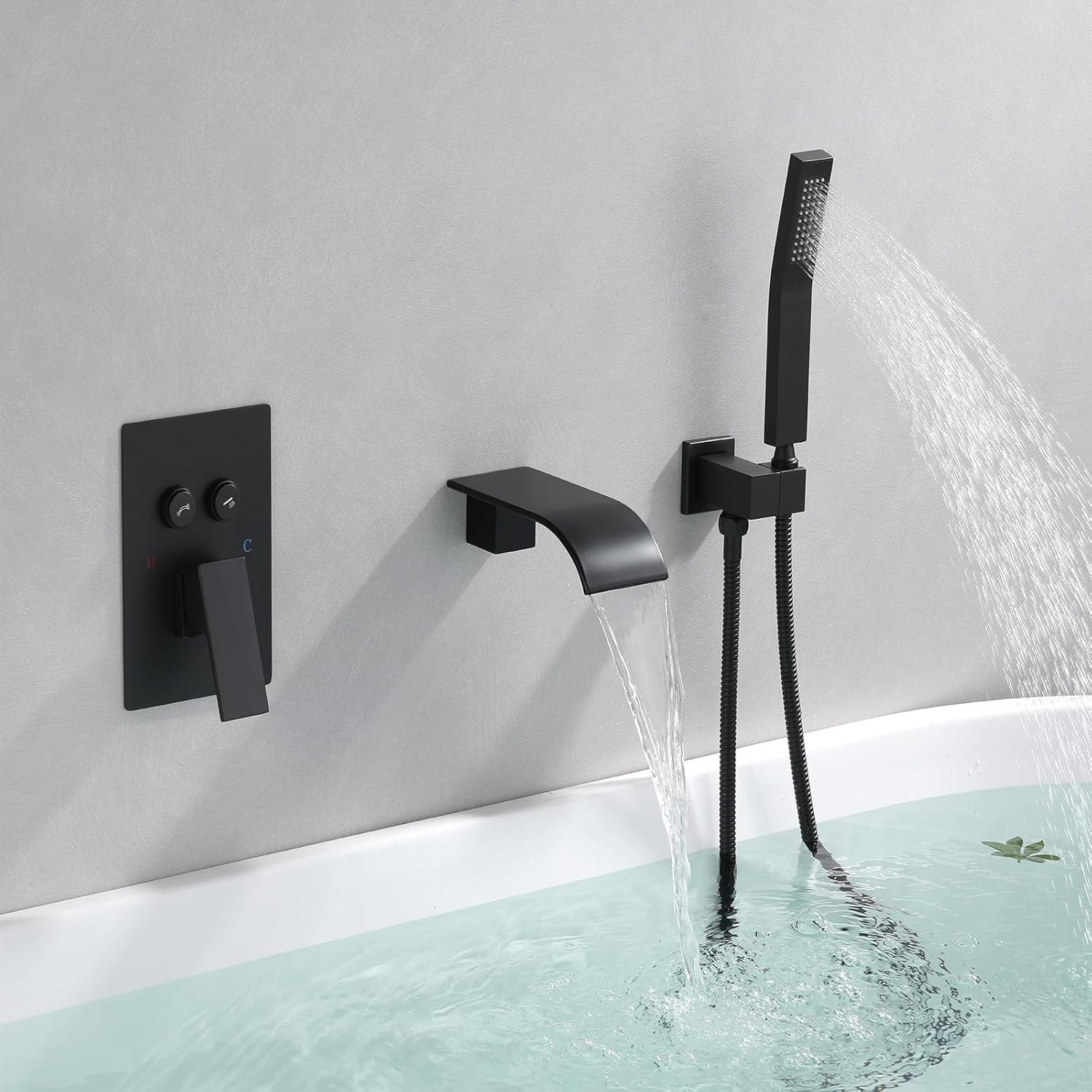 Wall Mount Waterfall Tub Faucet with Hand Shower,Roman Bathtub Tub Filler shower faucet set with Run all/alone Control Push-Button Diverter Solid Brass Pressure Balance Valve,Matte Black