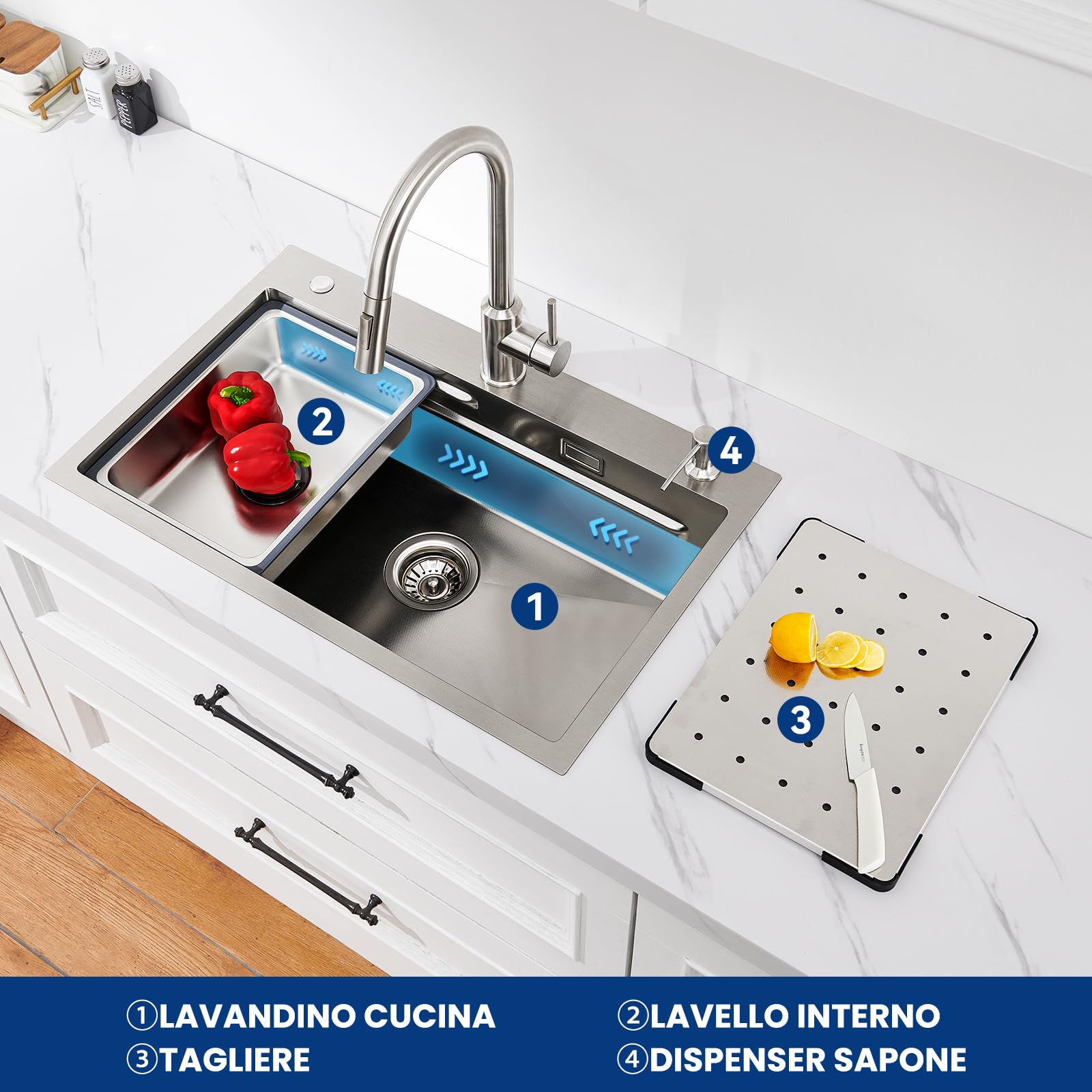 CECIPA Lavandino Cucina 70x45 CM, Lavello Cucina 1 Vasca con Dispenser Sapone, Lavabo Cucina con Vasca Mobile e Tagliere, Lavello in Acciaio Inox 201 con Sifone e Set di Drenaggio