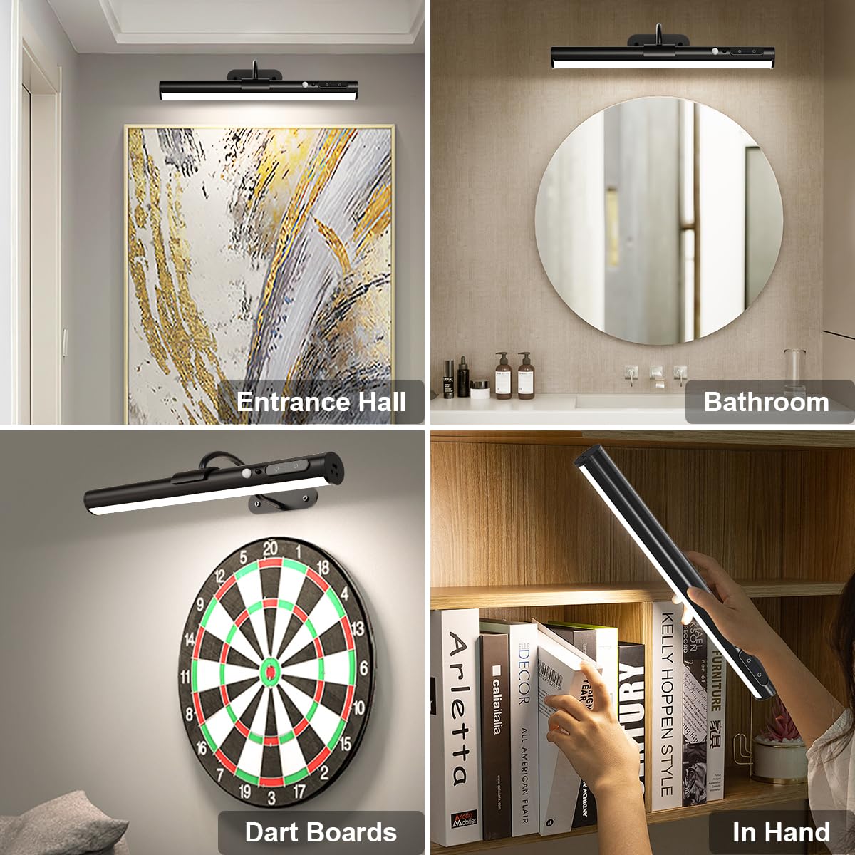 Lamparas pared sin cable con sensor movimiento, 4000mAh recargable aplique a pilas sin electricidad, luz cuadros inalambrico con mando, luces LED bateria para espejo baño, cuadro, interior