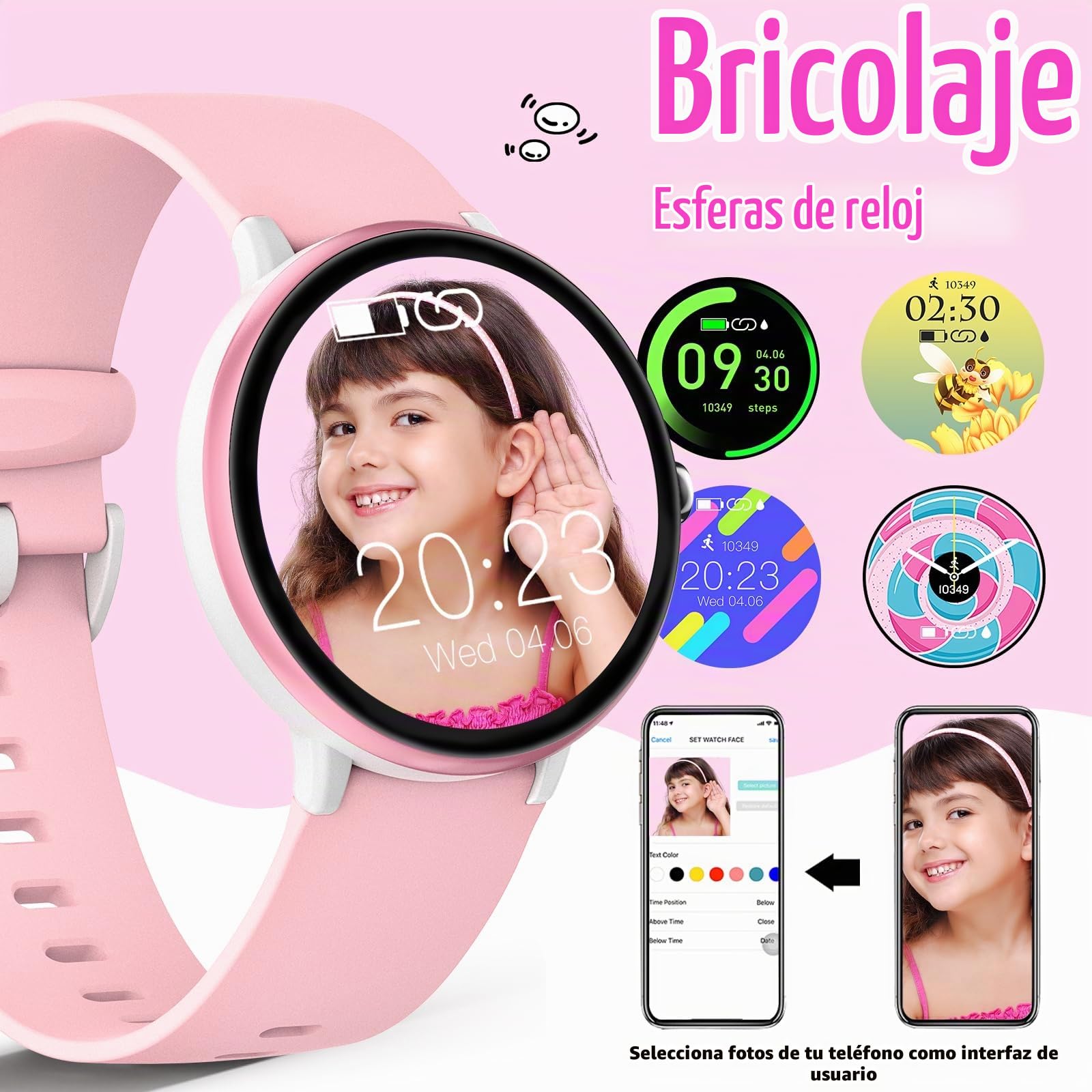 Reloj Inteligente Niños Niñas, IP68 Impermeable Smartwatch Mujer Hombre, Pulsera Actividad Niños, Reloj Deportivo con DIY Esfera Reloj, Monitor Sueño, Podómetro, Pulsómetro para Android iOS (Rosa)