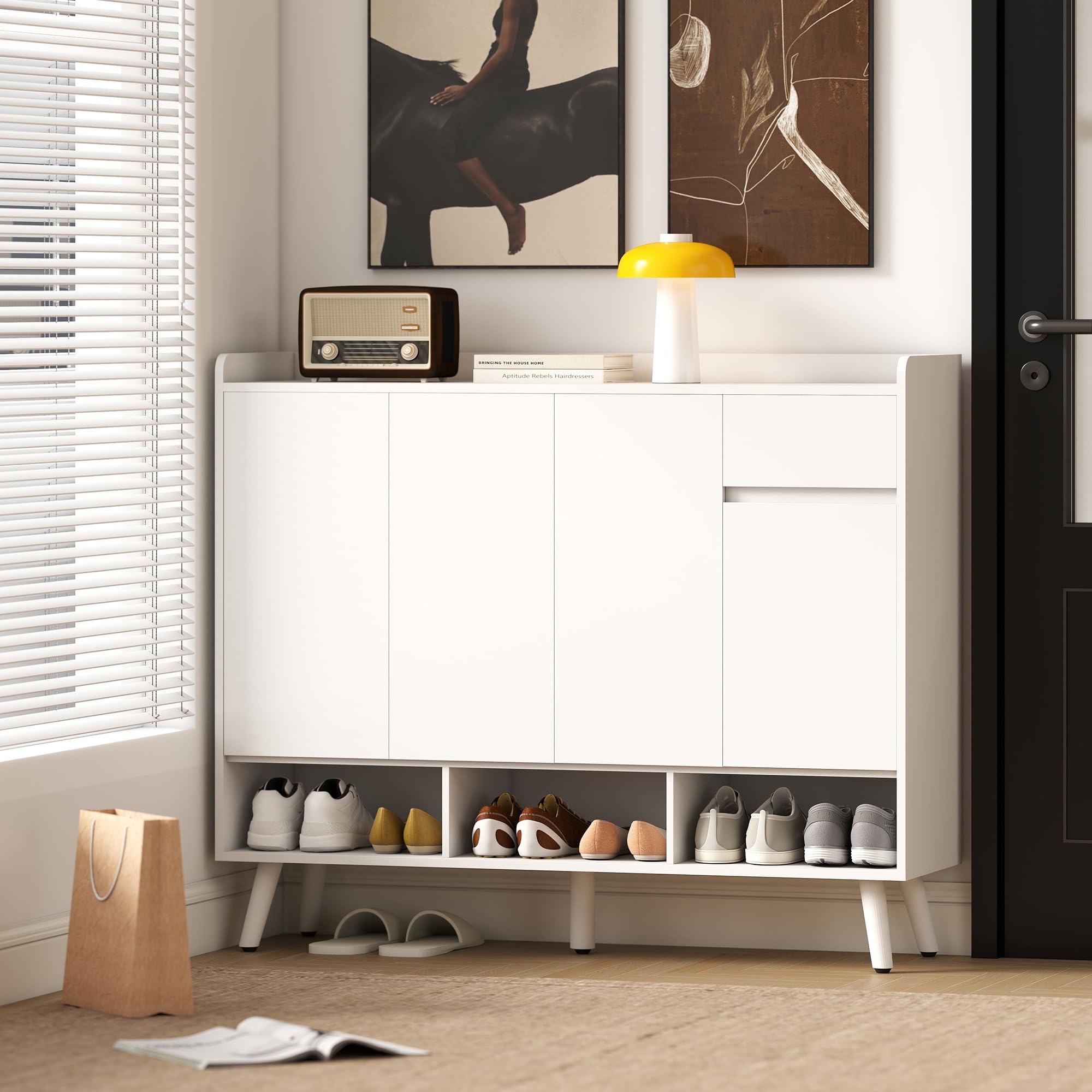 HOMCOM Schuhschrank mit 4 Tür, Druck-zum-Öffnen 120 x 35 x 100 cm Weiß