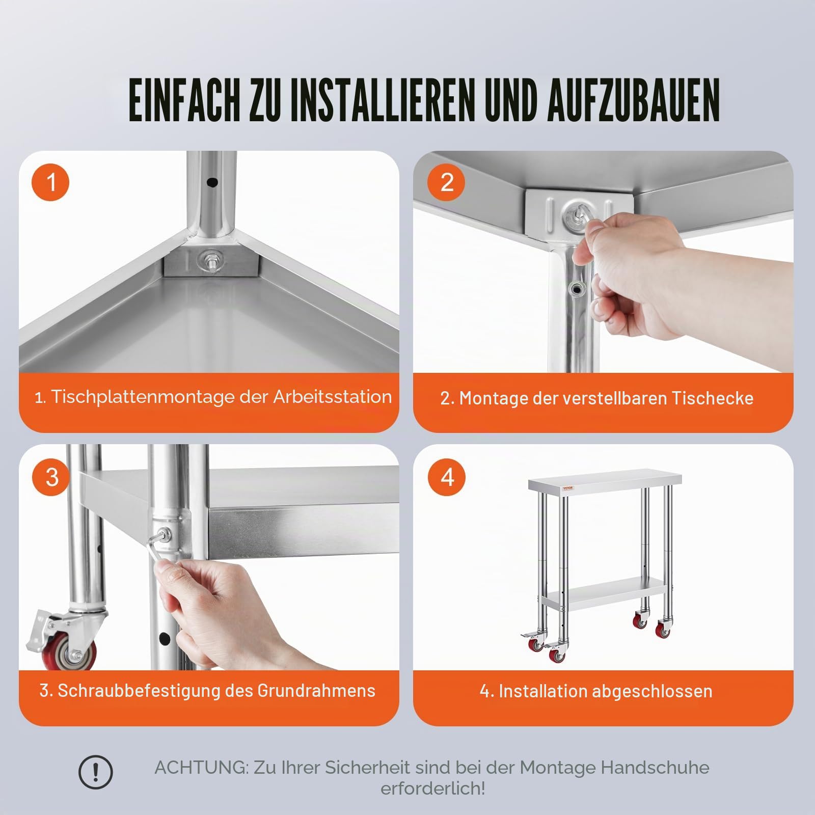 VEVOR Arbeitstisch aus Edelstahl für gewerbliche Küche, Silber, 762 x 305 mm